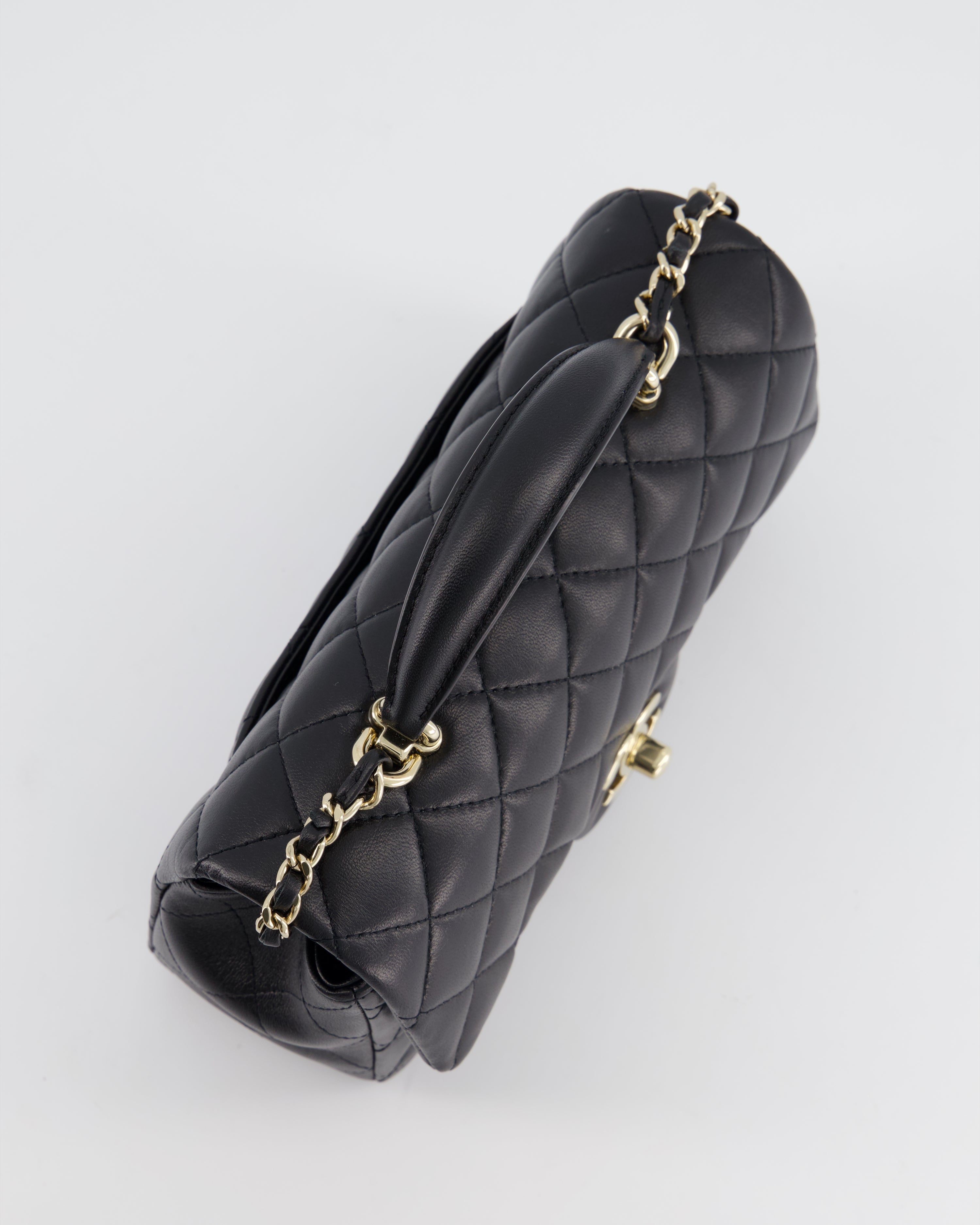 Chanel Black Mini Rectangular Top Handle Flap Bag in Lambskin with Champagne Gold Hardware