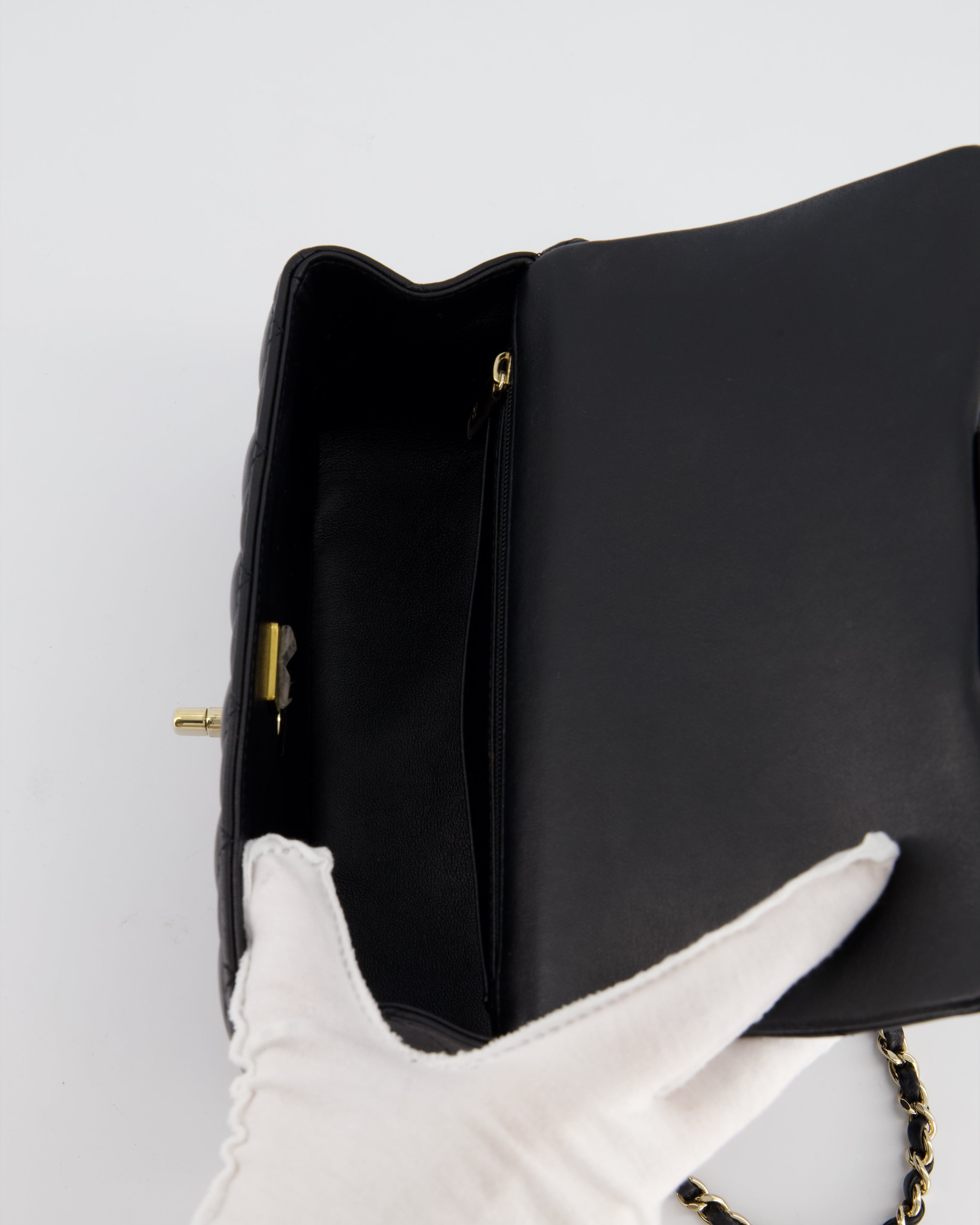 Chanel Black Mini Rectangular Top Handle Flap Bag in Lambskin with Champagne Gold Hardware