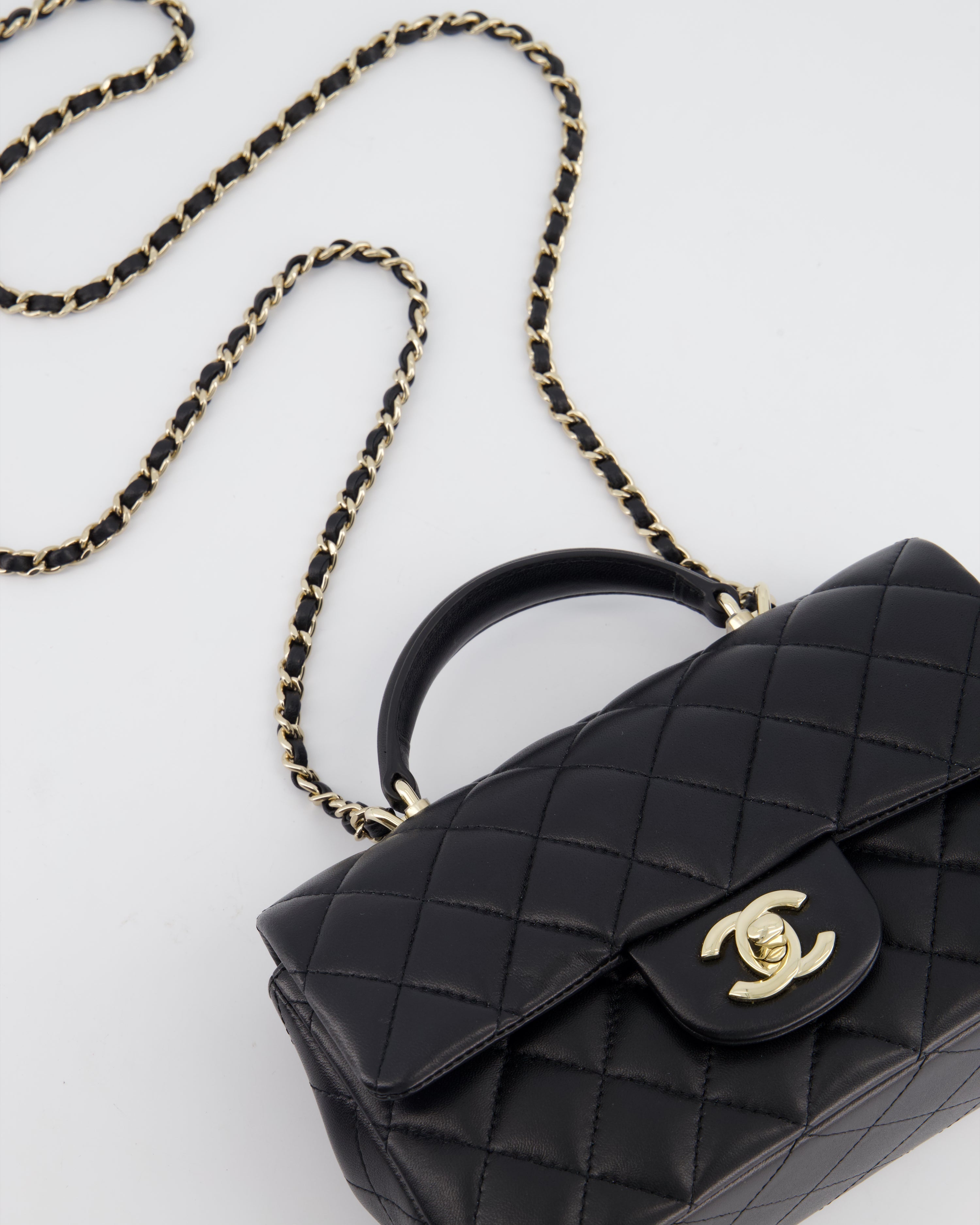 Chanel Black Mini Rectangular Top Handle Flap Bag in Lambskin with Champagne Gold Hardware