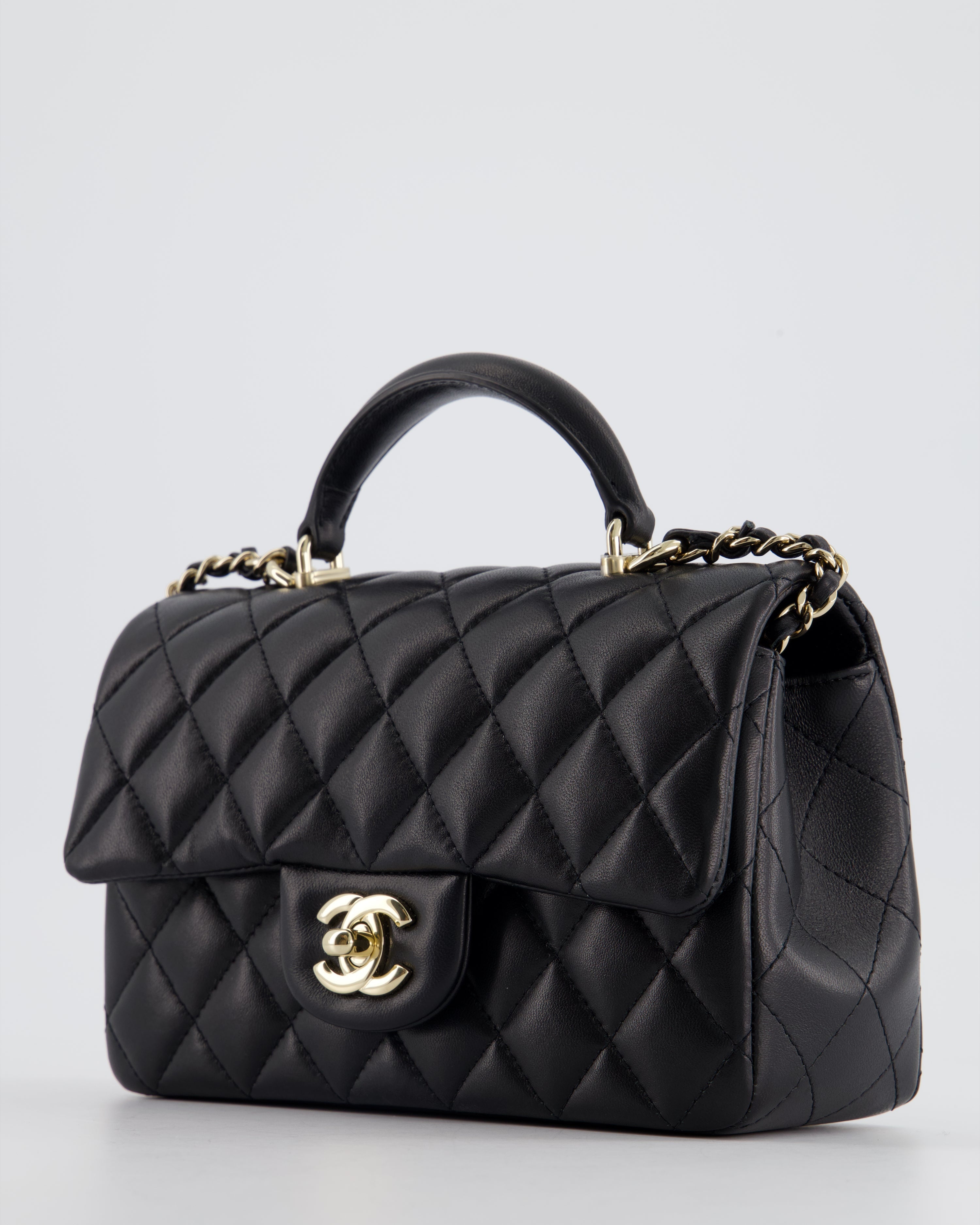 Chanel Black Mini Rectangular Top Handle Flap Bag in Lambskin with Champagne Gold Hardware