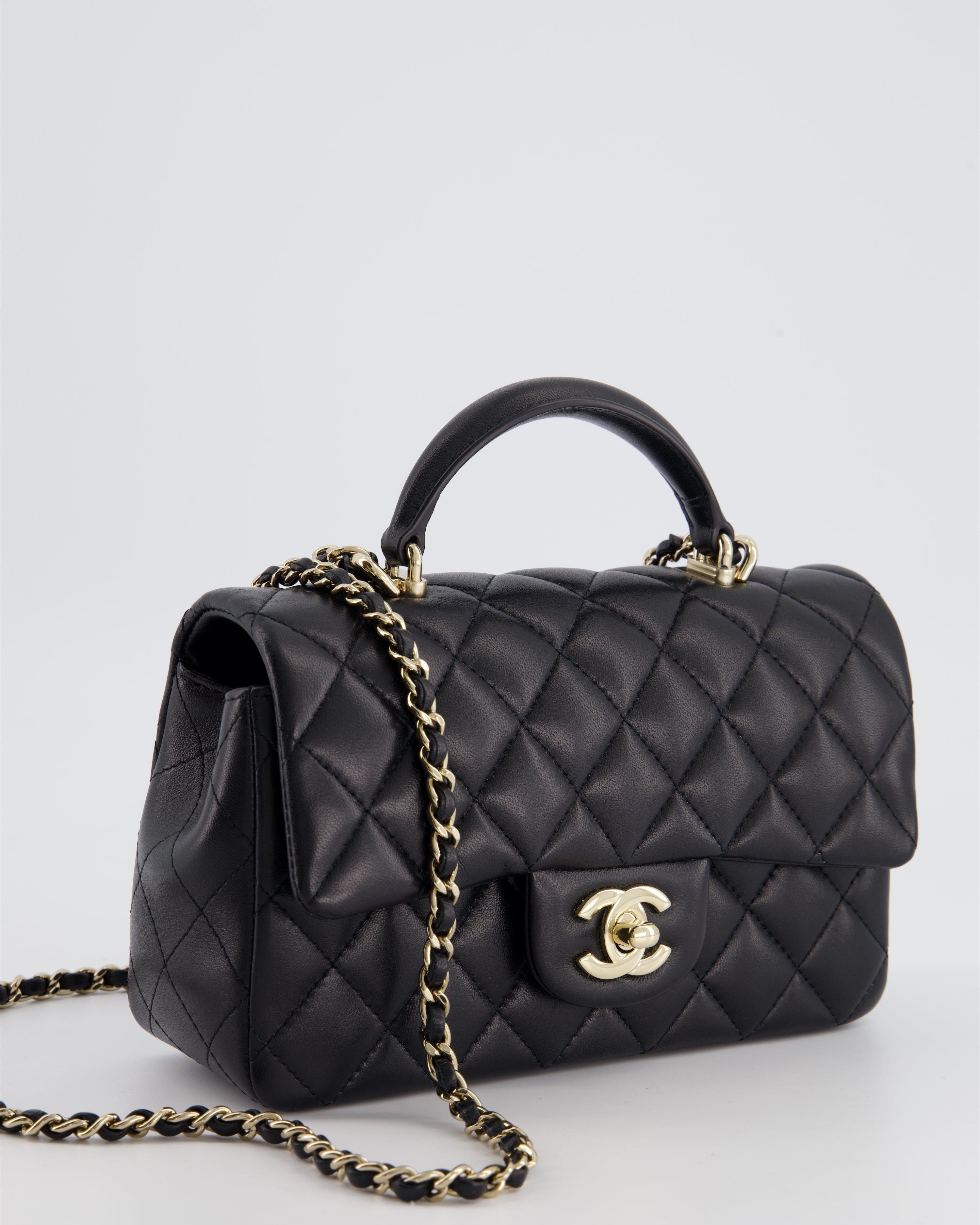 Chanel Black Mini Rectangular Top Handle Flap Bag in Lambskin with Champagne Gold Hardware