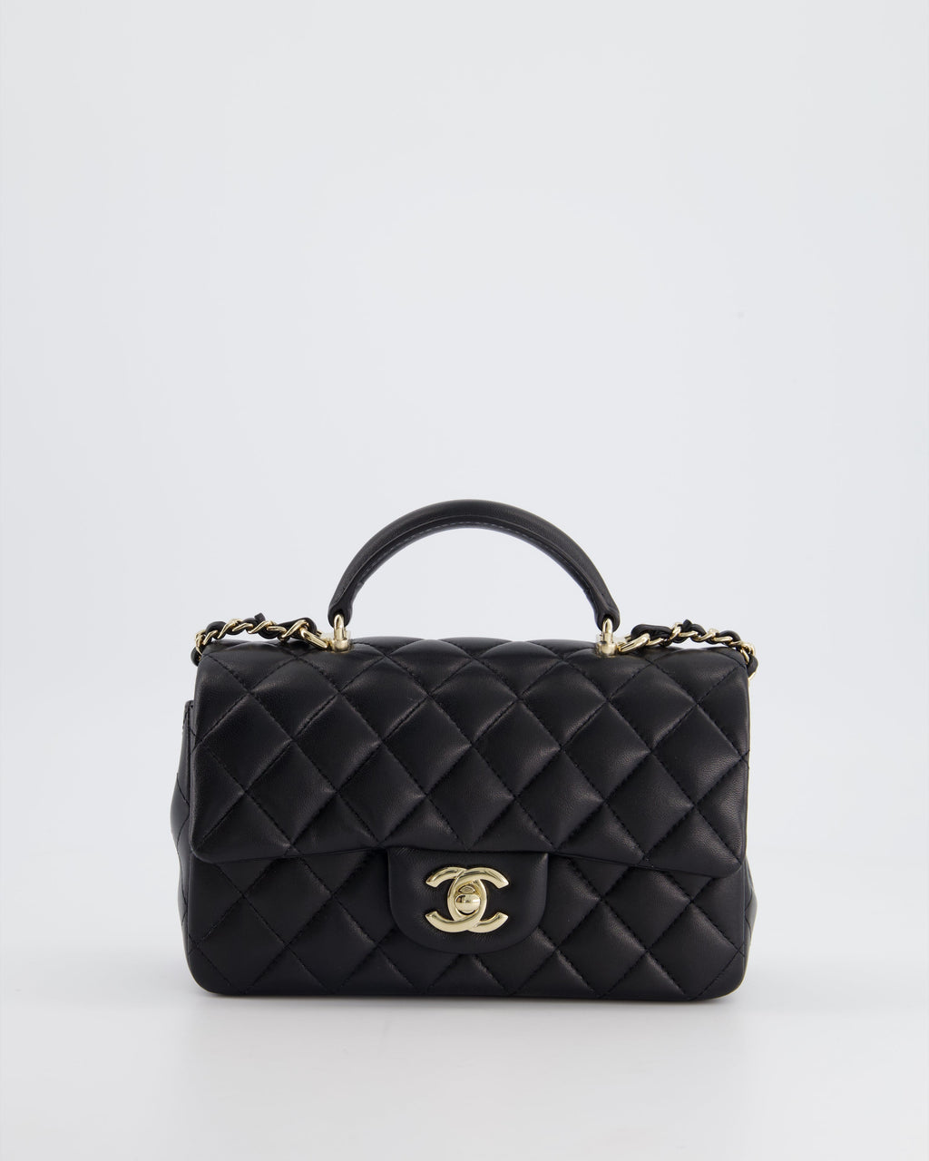 Chanel Black Mini Rectangular Top Handle Flap Bag in Lambskin with Champagne Gold Hardware