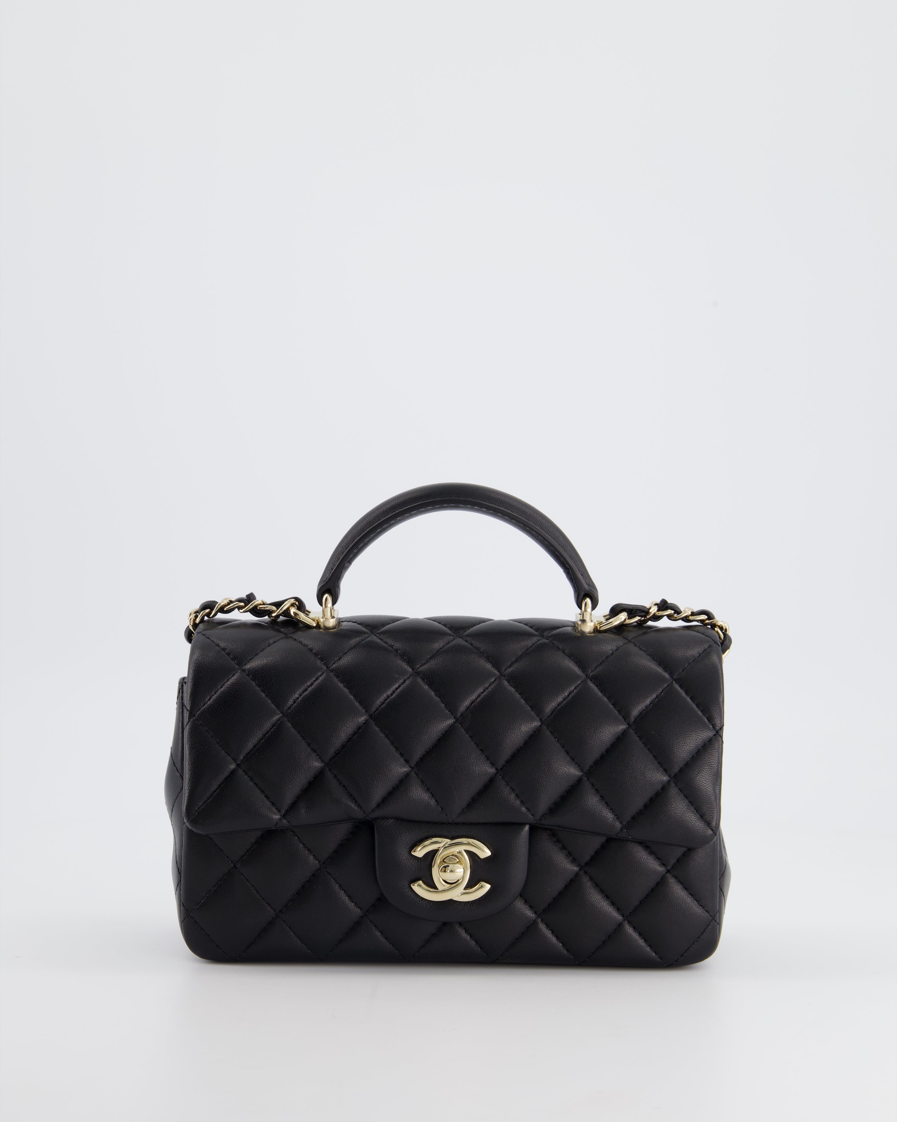 Chanel Black Mini Rectangular Top Handle Flap Bag in Lambskin with Champagne Gold Hardware