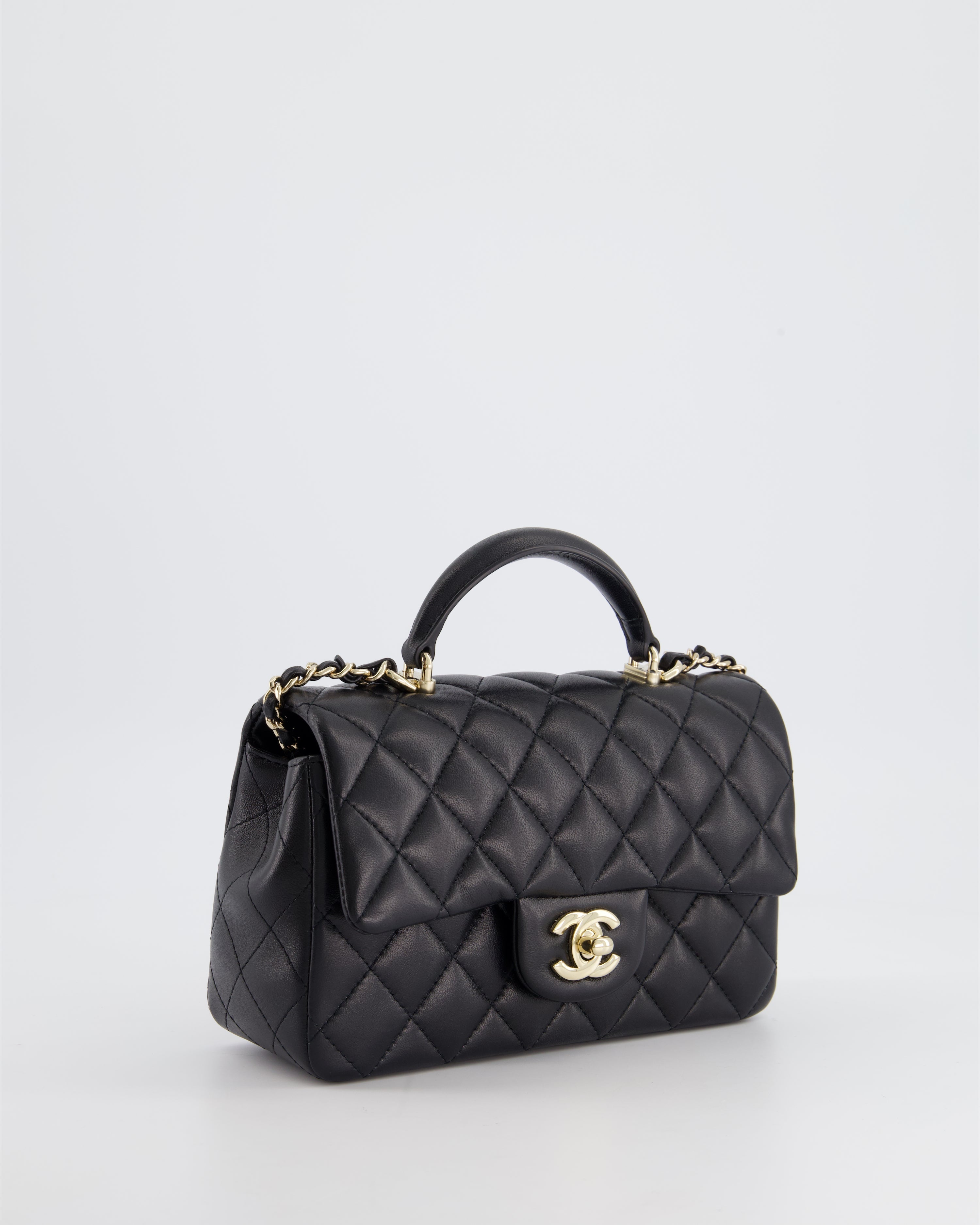 Chanel Black Mini Rectangular Top Handle Flap Bag in Lambskin with Champagne Gold Hardware