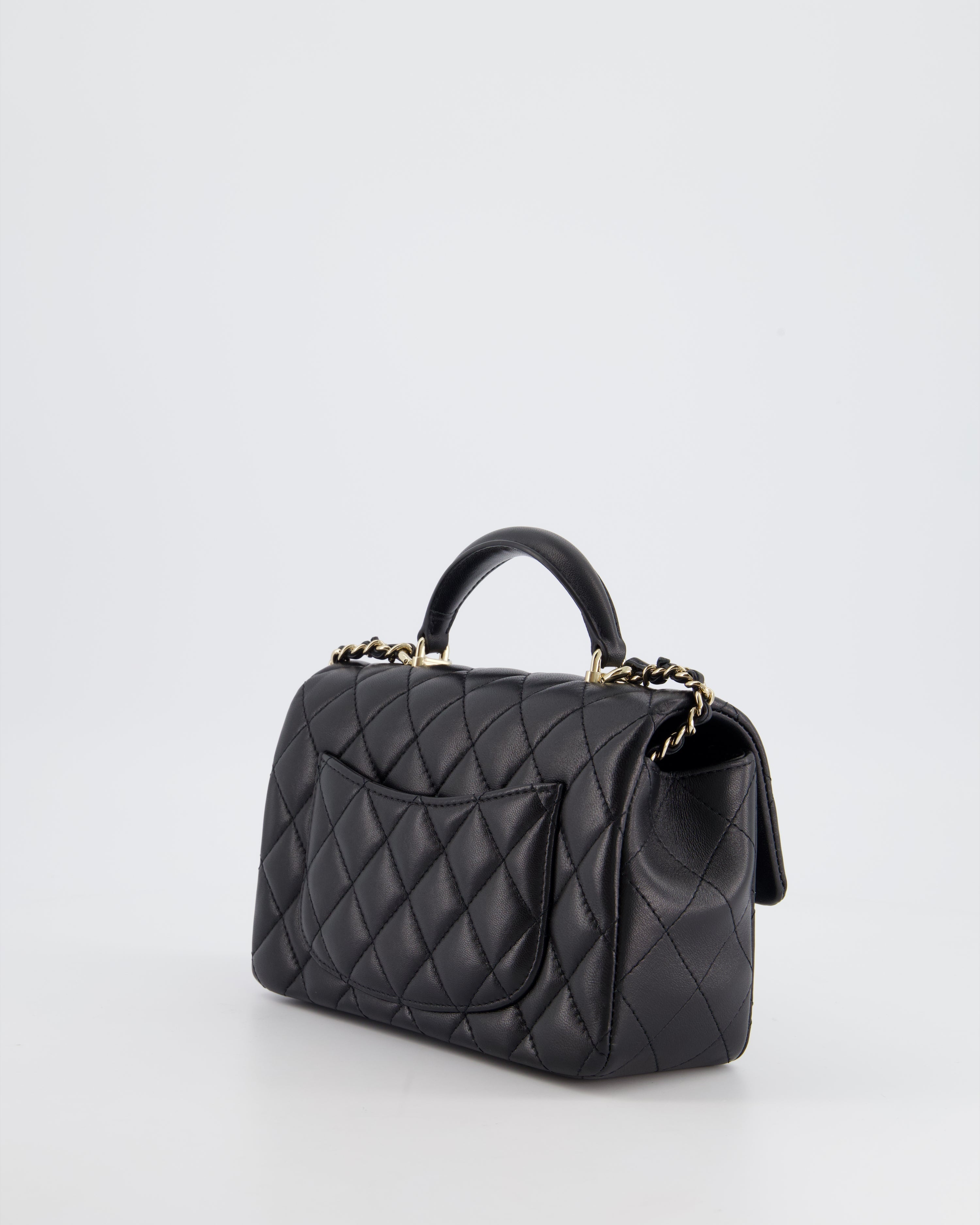 Chanel Black Mini Rectangular Top Handle Flap Bag in Lambskin with Champagne Gold Hardware