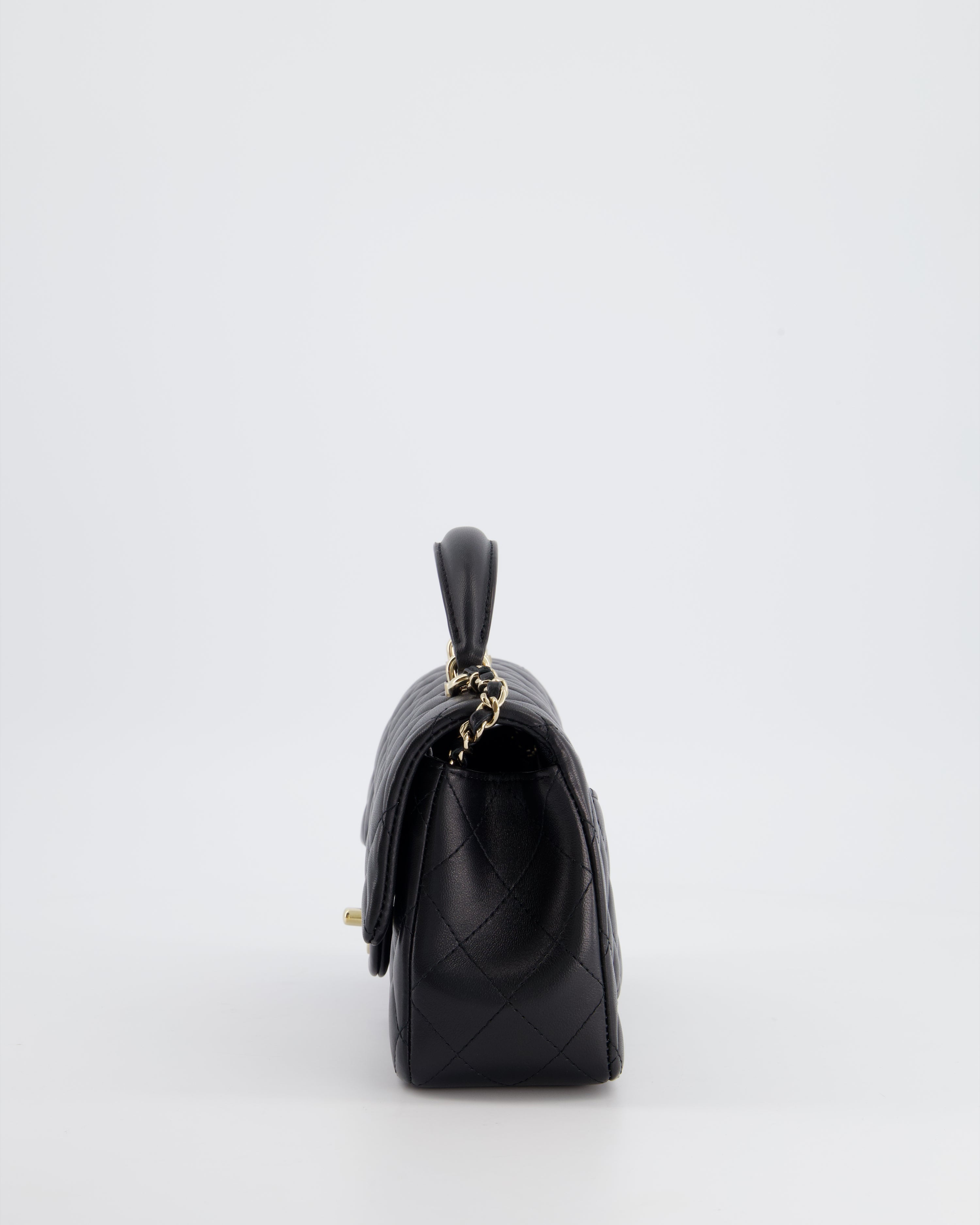 Chanel Black Mini Rectangular Top Handle Flap Bag in Lambskin with Champagne Gold Hardware