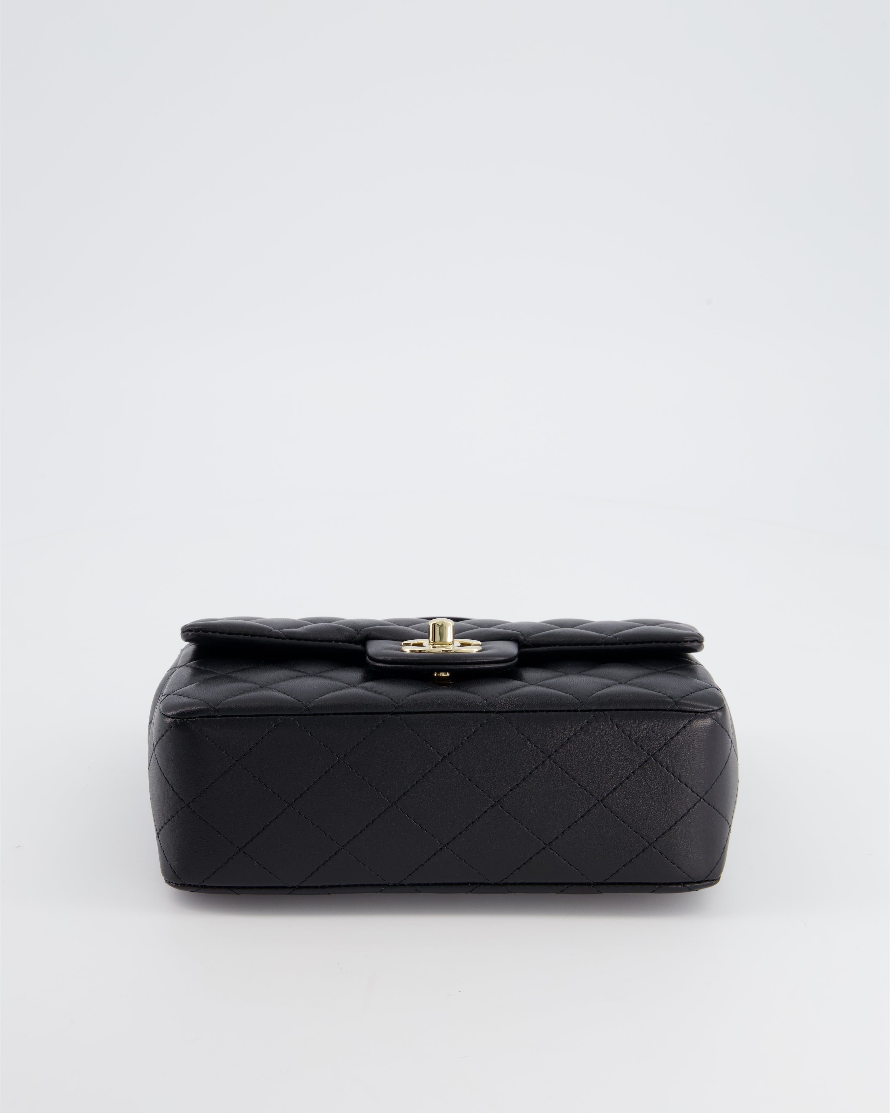 Chanel Black Mini Rectangular Top Handle Flap Bag in Lambskin with Champagne Gold Hardware
