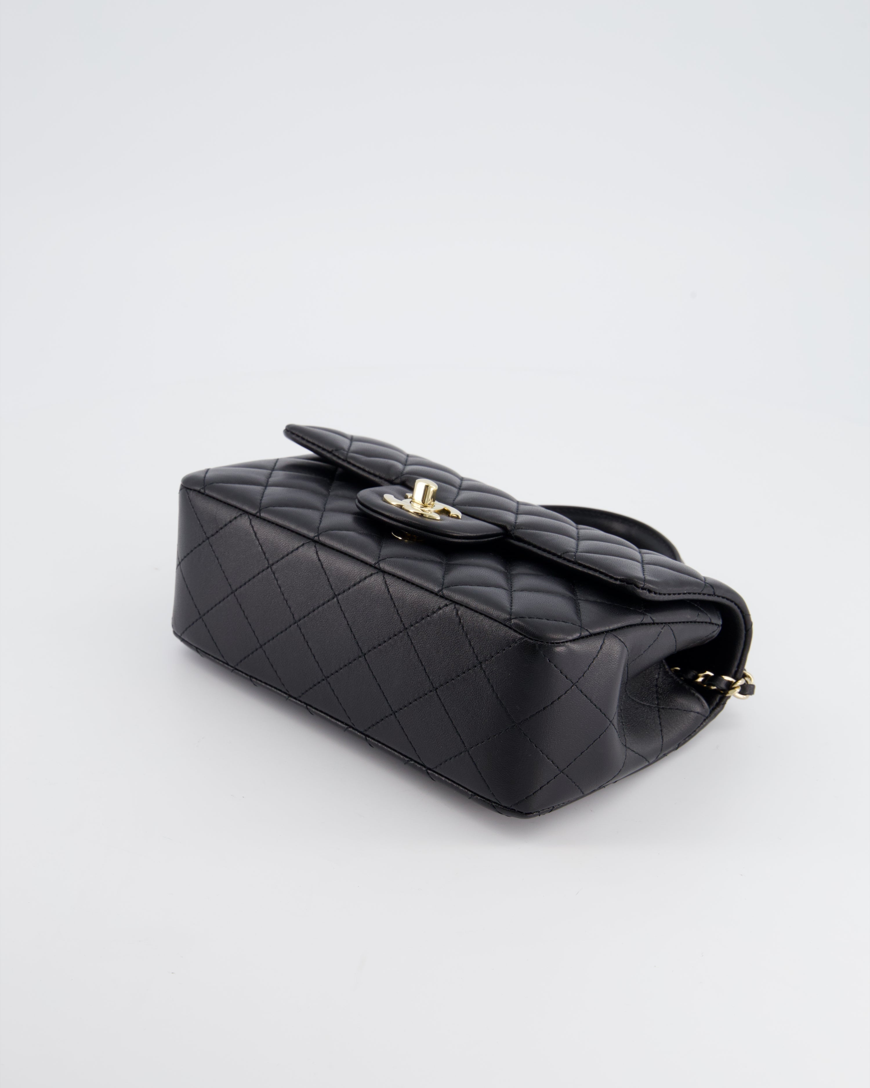 Chanel Black Mini Rectangular Top Handle Flap Bag in Lambskin with Champagne Gold Hardware