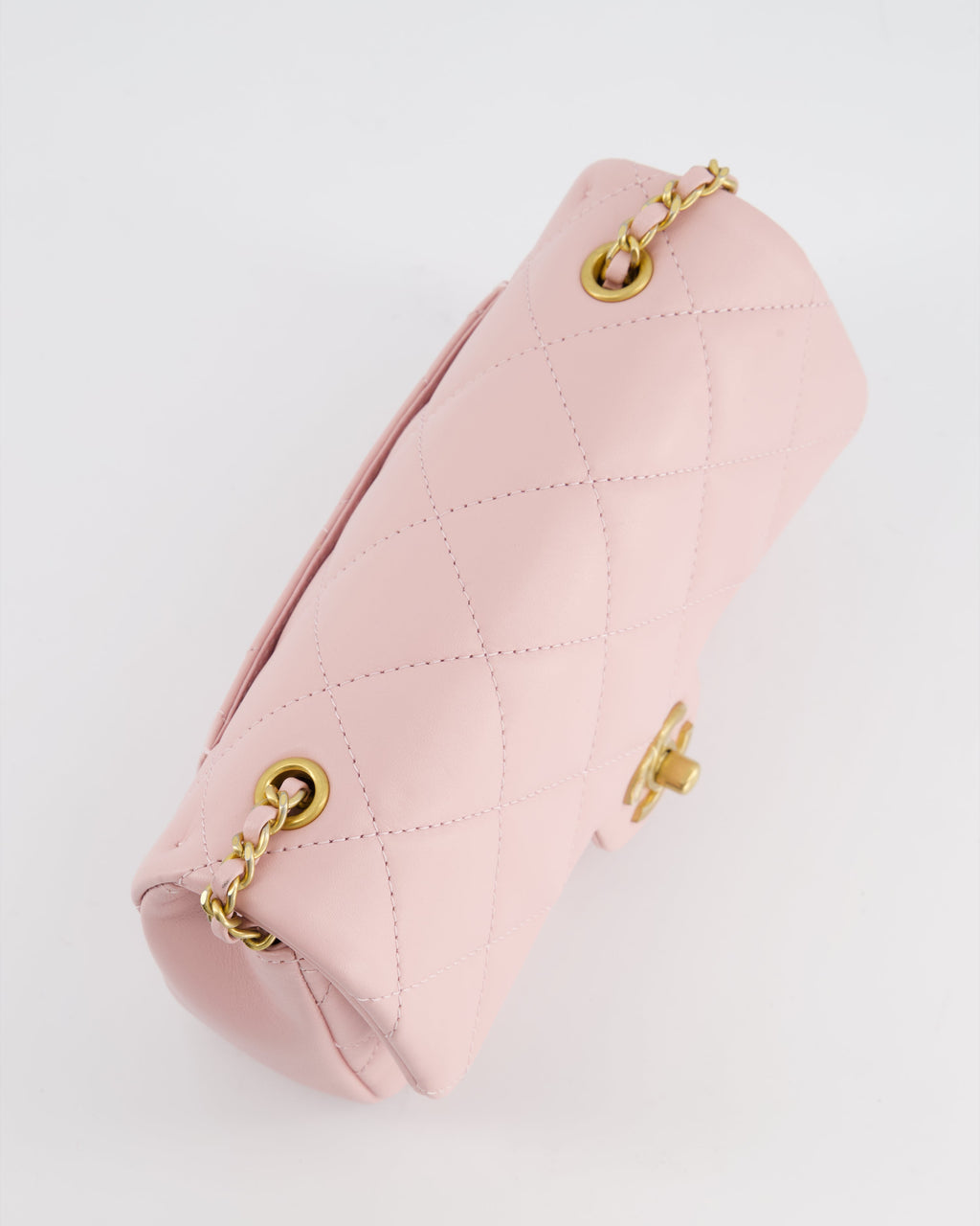 Chanel Pink 22B Mini Flap Bag in Lambskin Leather with Gold Hardware and Hearts Chain Detail