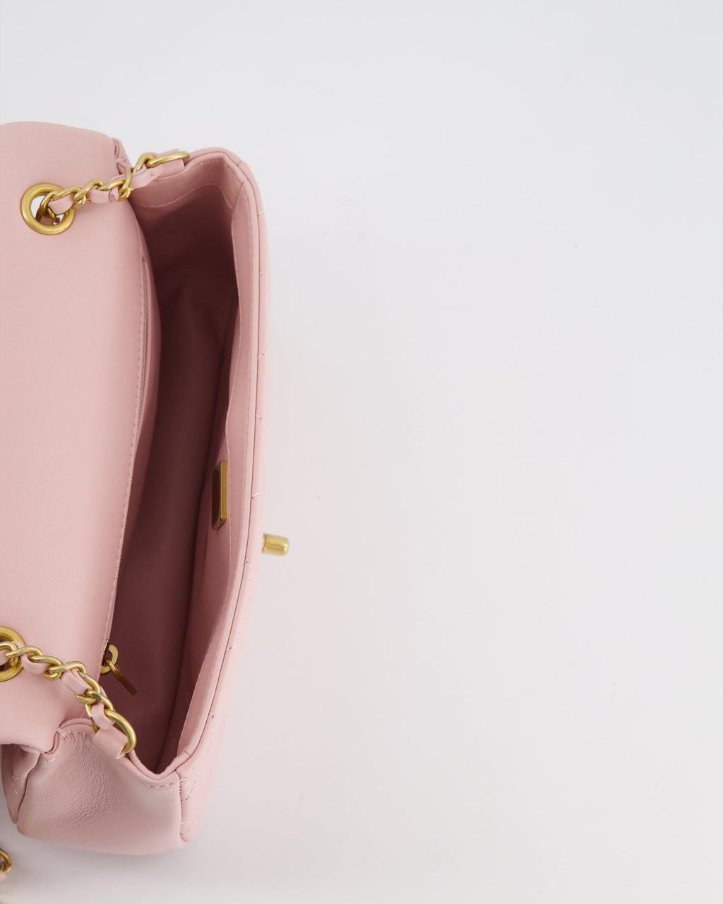 Chanel Pink 22B Mini Flap Bag in Lambskin Leather with Gold Hardware and Hearts Chain Detail