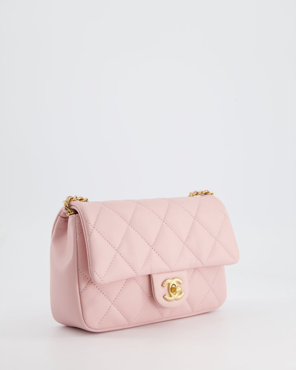 Chanel Pink 22B Mini Flap Bag in Lambskin Leather with Gold Hardware and Hearts Chain Detail