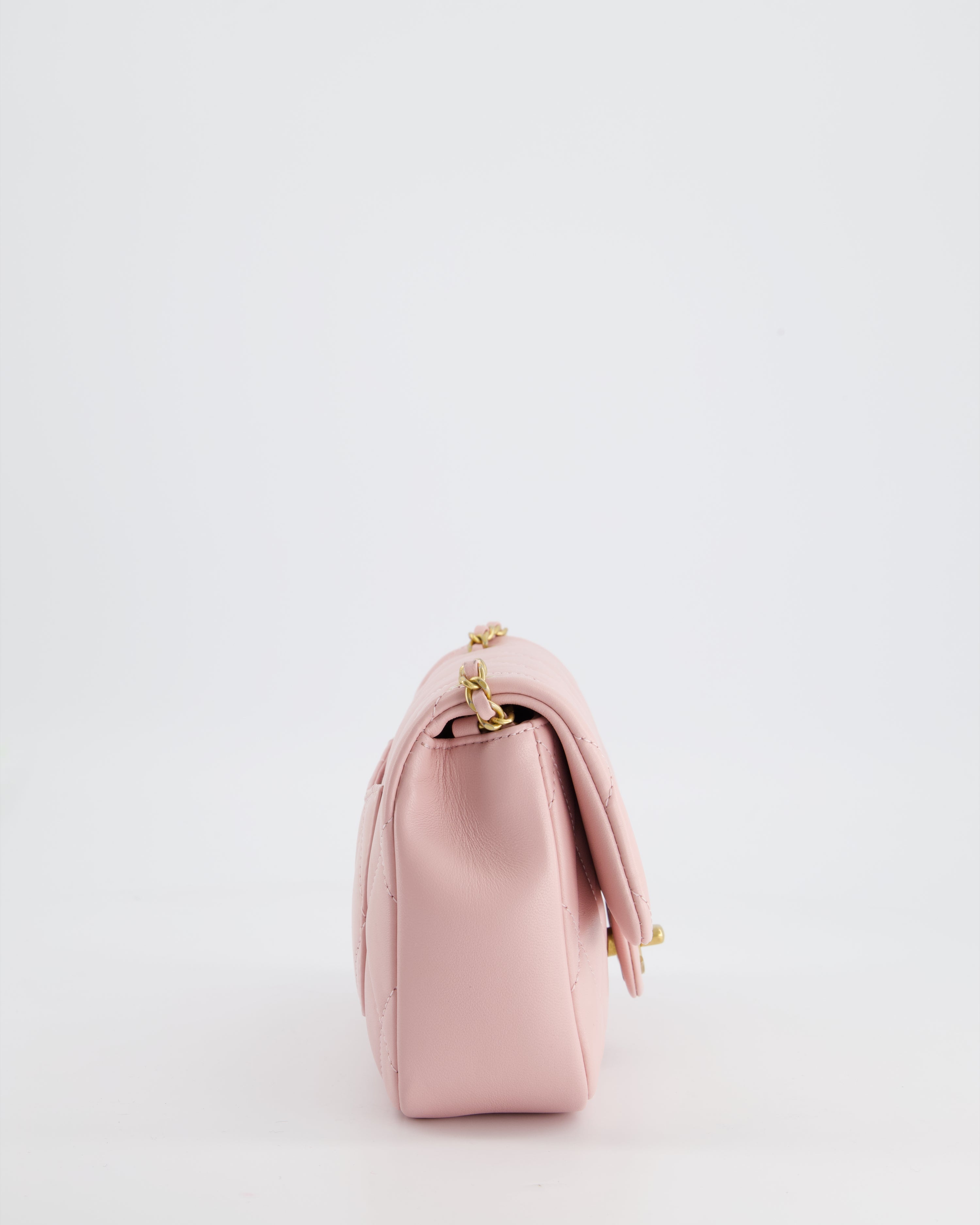 Chanel Pink 22B Mini Flap Bag in Lambskin Leather with Gold Hardware and Hearts Chain Detail
