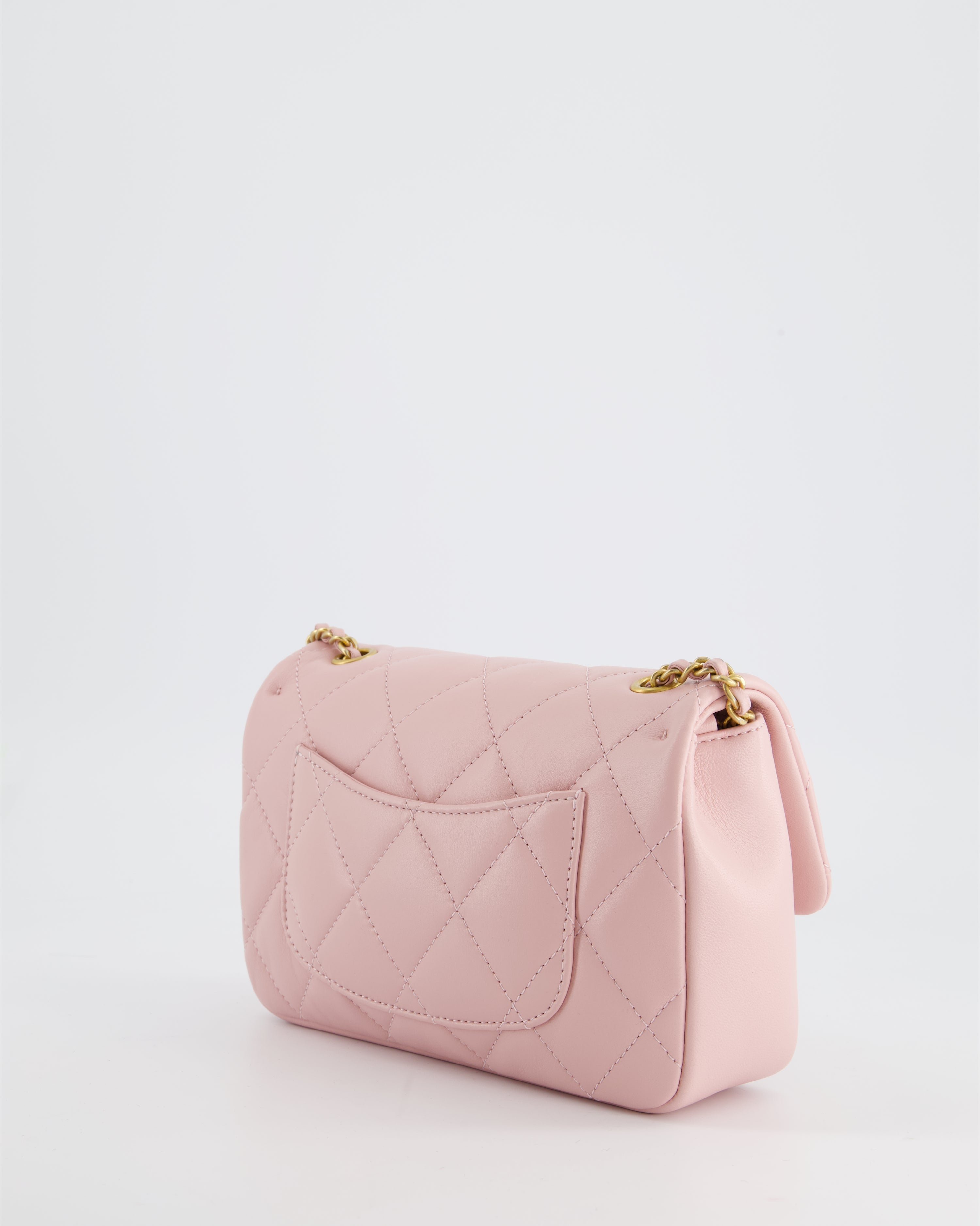 Chanel Pink 22B Mini Flap Bag in Lambskin Leather with Gold Hardware and Hearts Chain Detail
