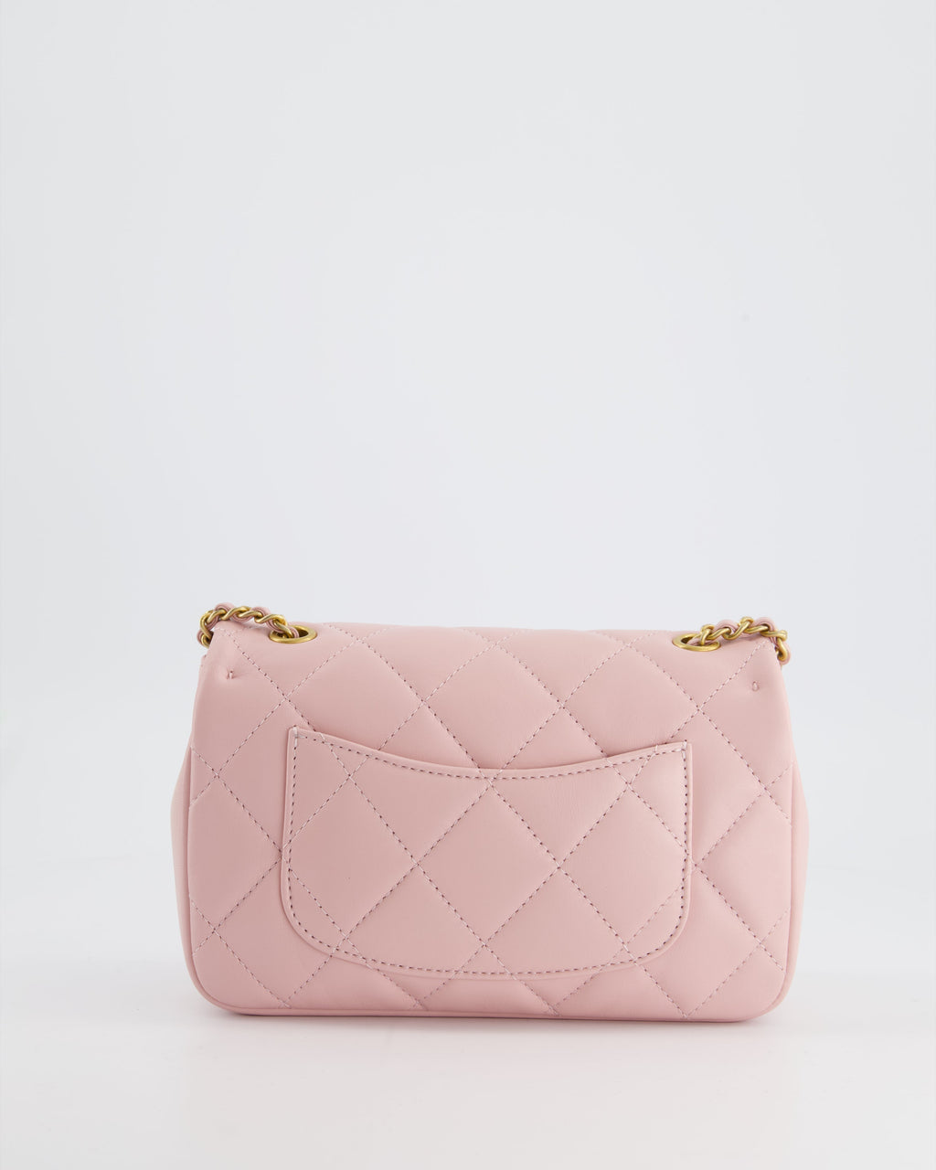 Chanel Pink 22B Mini Flap Bag in Lambskin Leather with Gold Hardware and Hearts Chain Detail