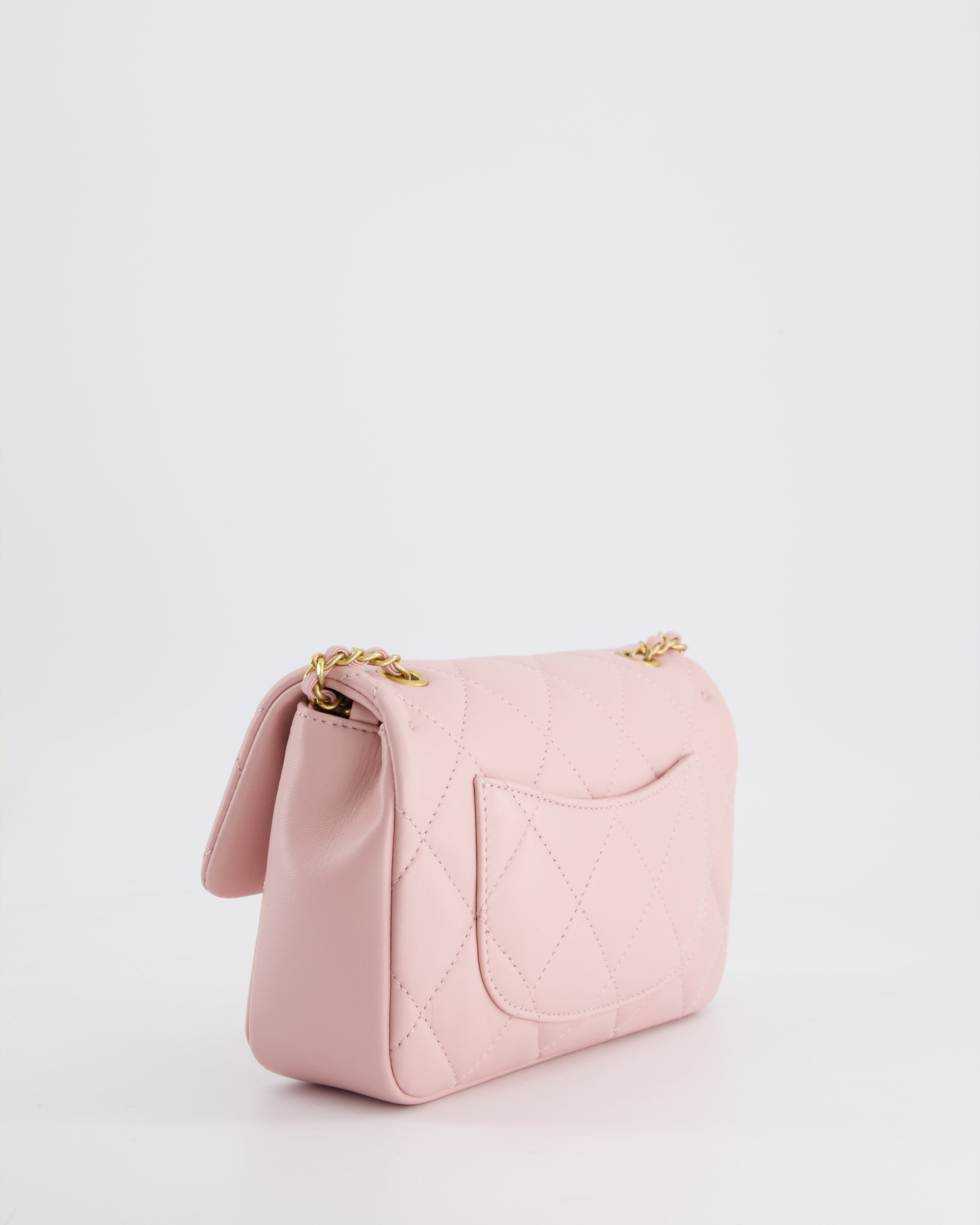 Chanel Pink 22B Mini Flap Bag in Lambskin Leather with Gold Hardware and Hearts Chain Detail