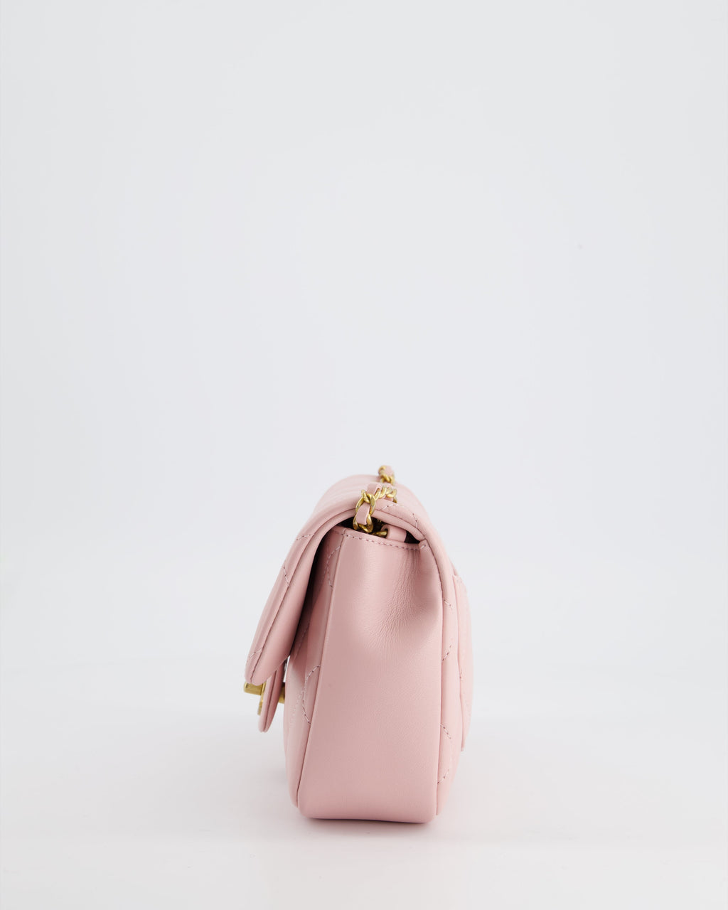 Chanel Pink 22B Mini Flap Bag in Lambskin Leather with Gold Hardware and Hearts Chain Detail