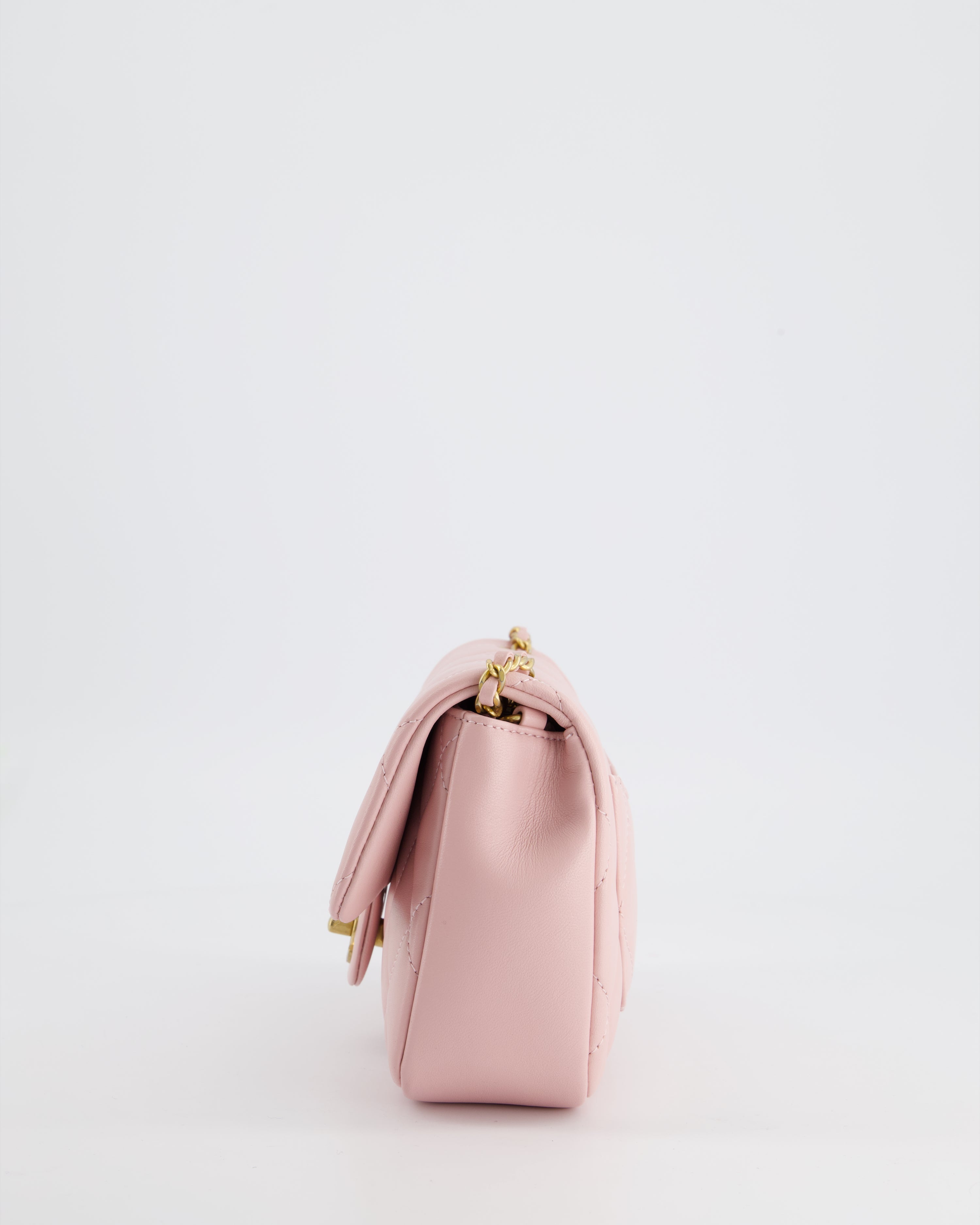 Chanel Pink 22B Mini Flap Bag in Lambskin Leather with Gold Hardware and Hearts Chain Detail