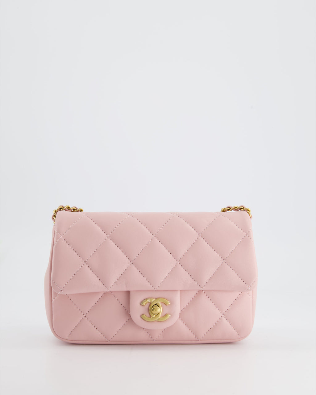 Chanel Pink 22B Mini Flap Bag in Lambskin Leather with Gold Hardware and Hearts Chain Detail