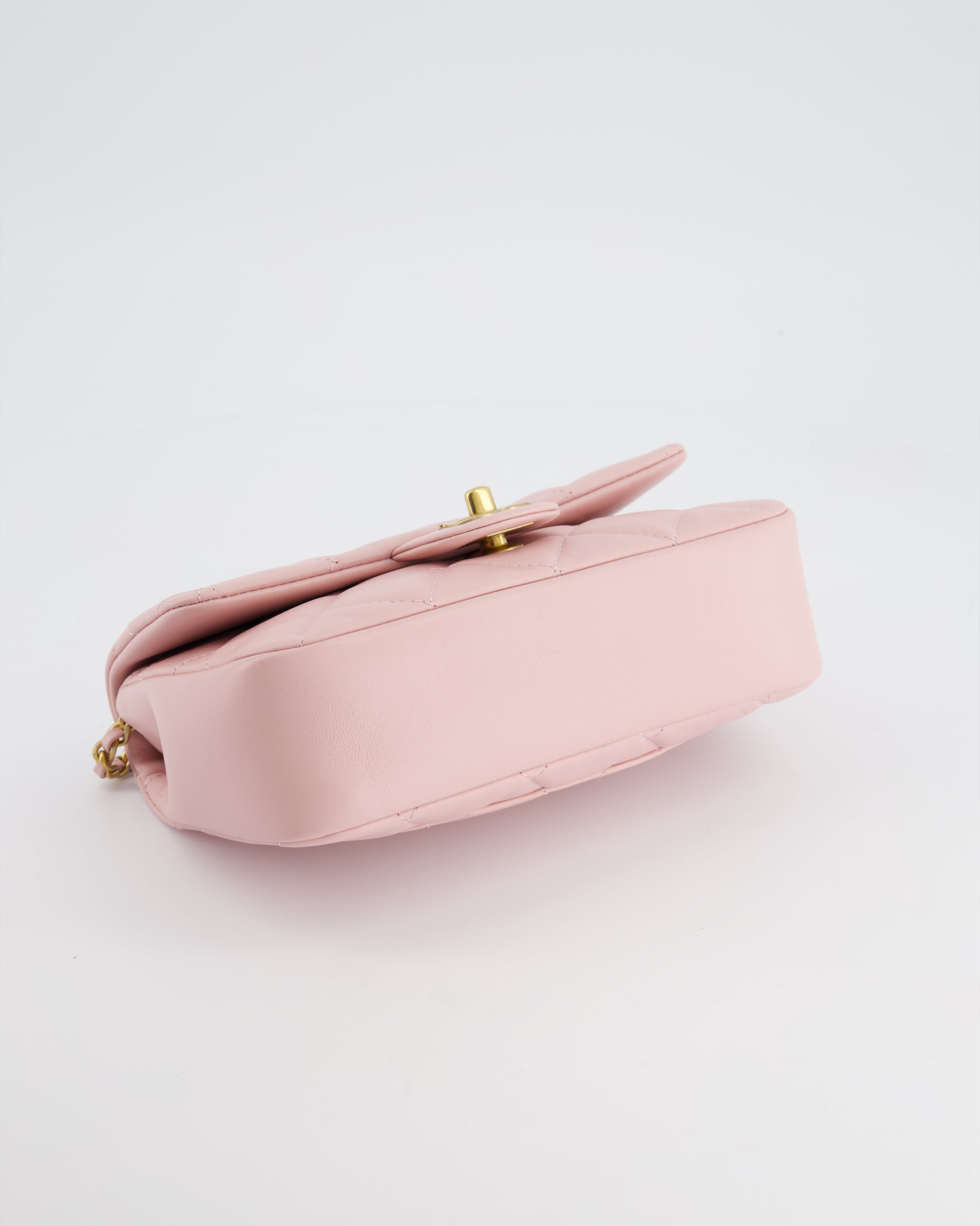 Chanel Pink 22B Mini Flap Bag in Lambskin Leather with Gold Hardware and Hearts Chain Detail