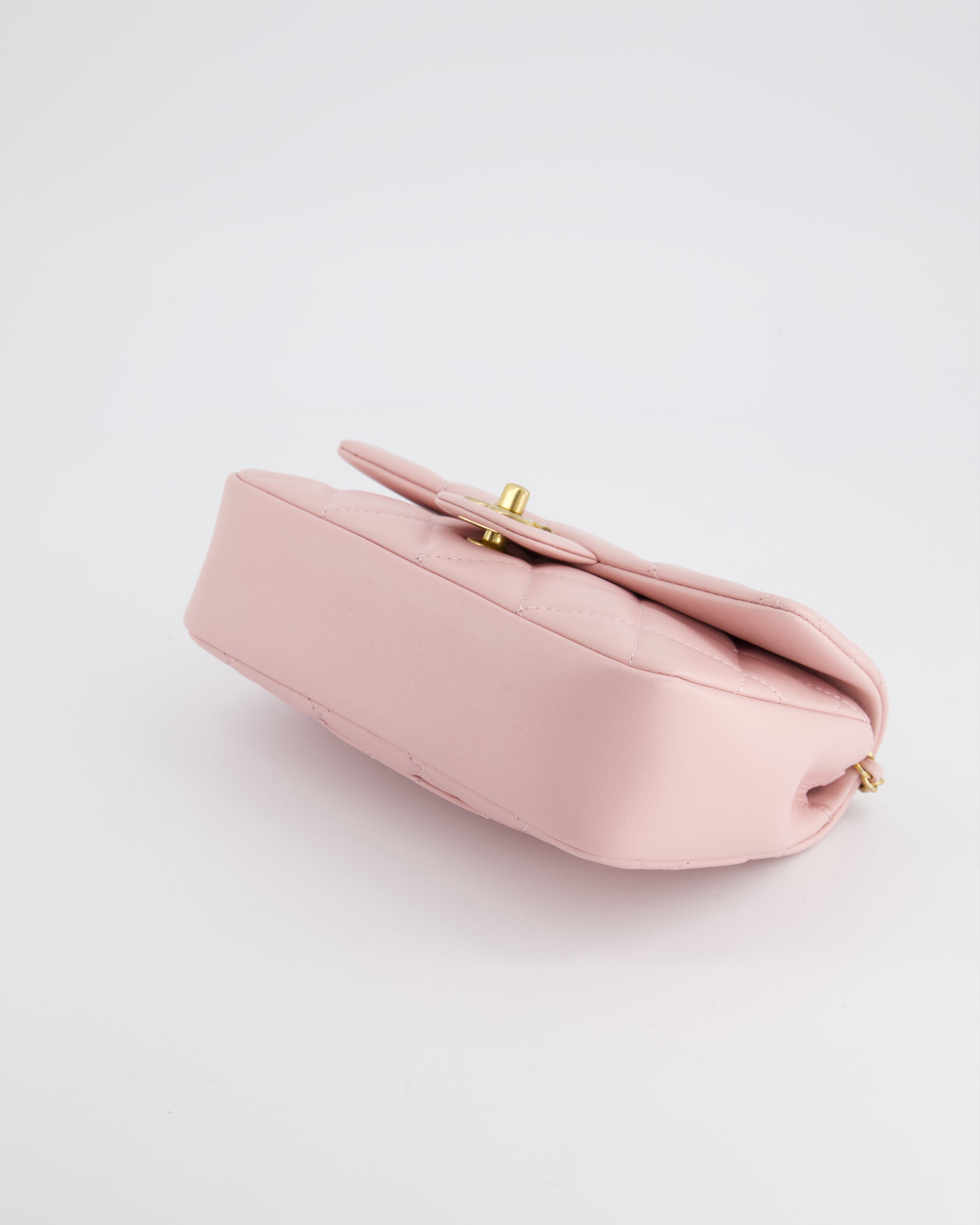 Chanel Pink 22B Mini Flap Bag in Lambskin Leather with Gold Hardware and Hearts Chain Detail