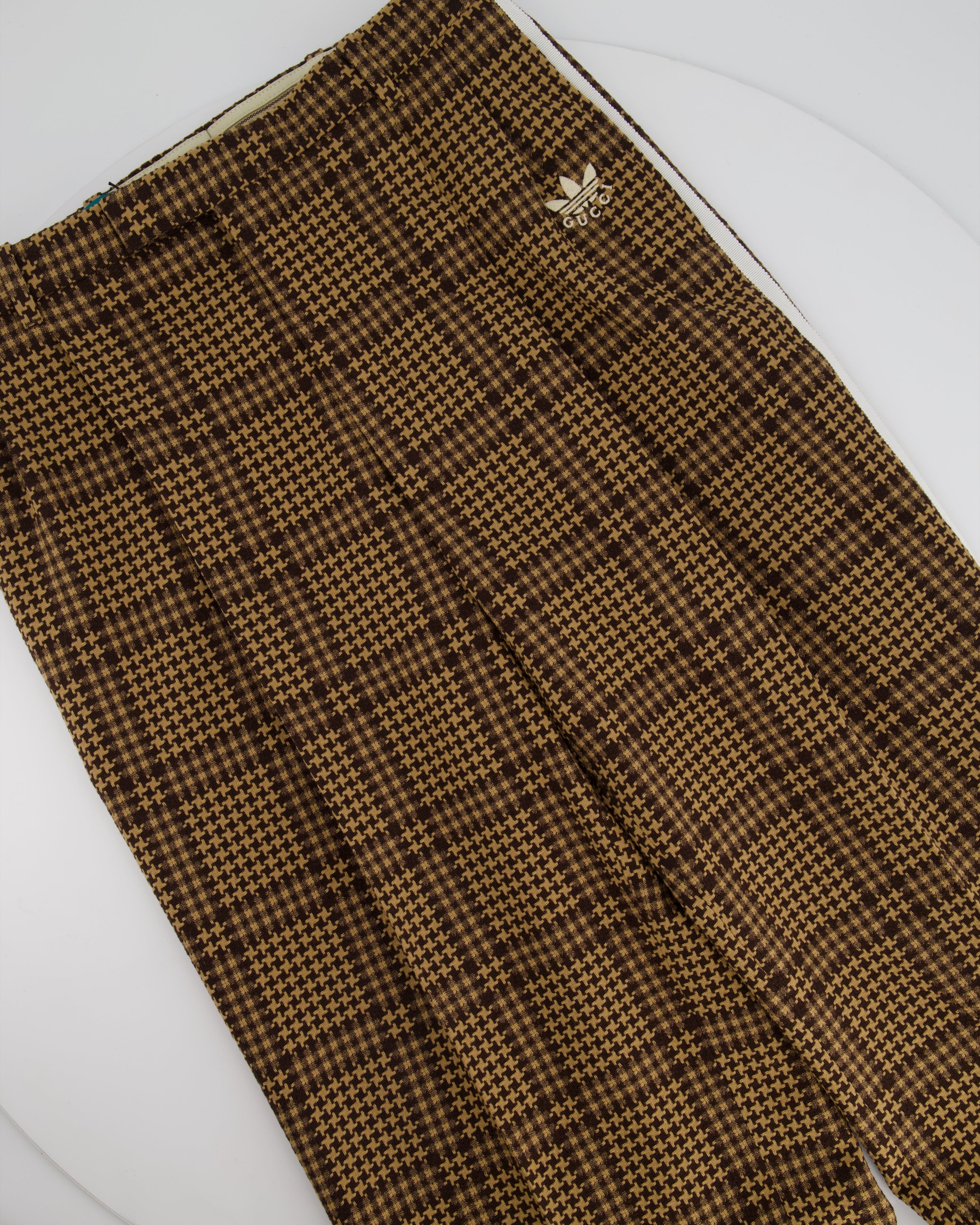 Gucci X Adidas Brown Check Wool Trousers with White Stripe Side Detail Size IT 42 (UK 10)