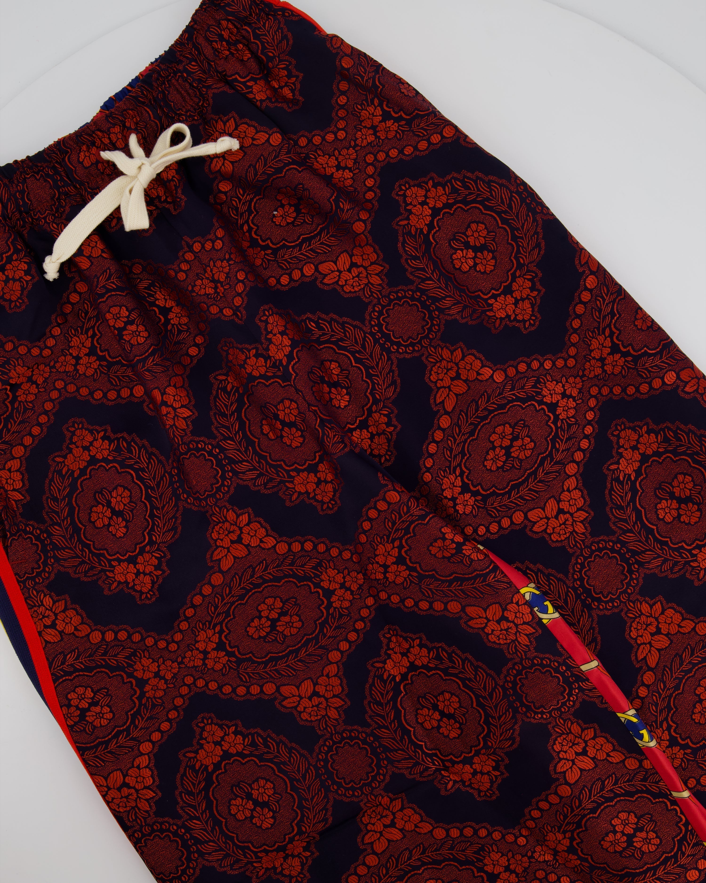 Gucci Red and Blue Silk GG & Floral Jacquard Trousers Size XXS (UK 4)