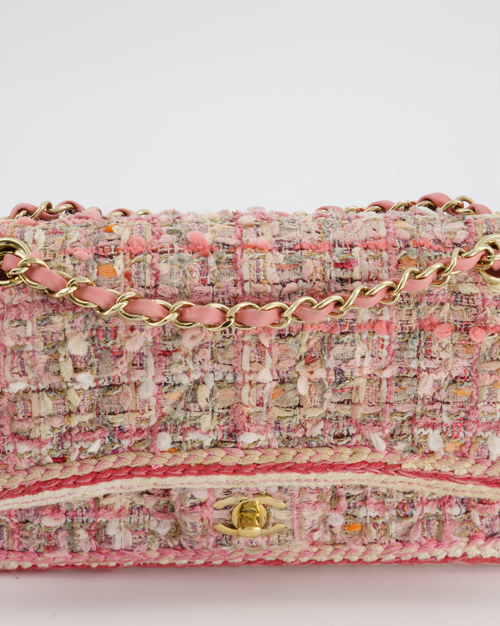 Chanel Medium Classic Double Flap Bag in Pink Tweed with Champagne Gold Hardware RRP £8,530