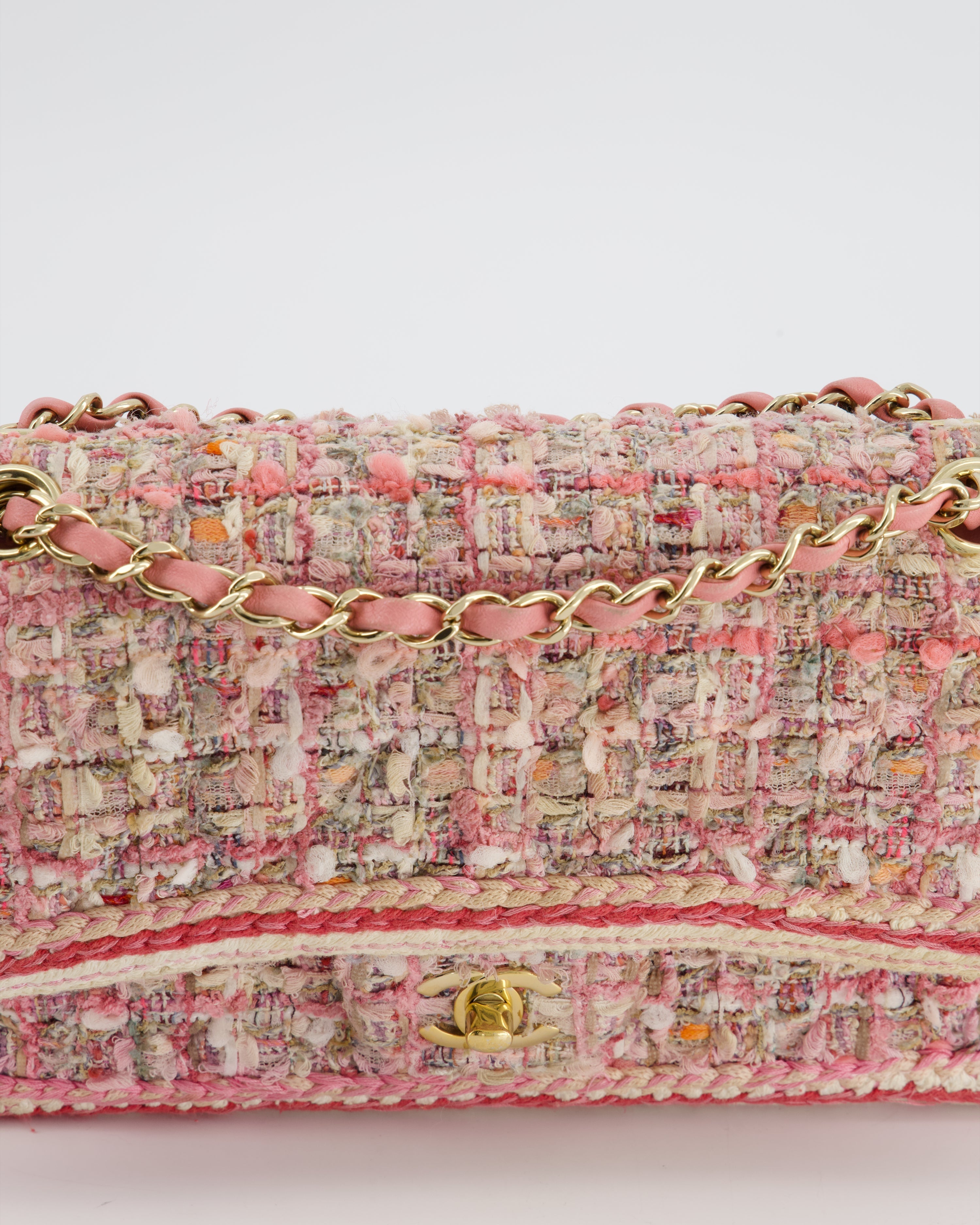 Chanel Medium Classic Double Flap Bag in Pink Tweed with Champagne Gold Hardware RRP £8,530