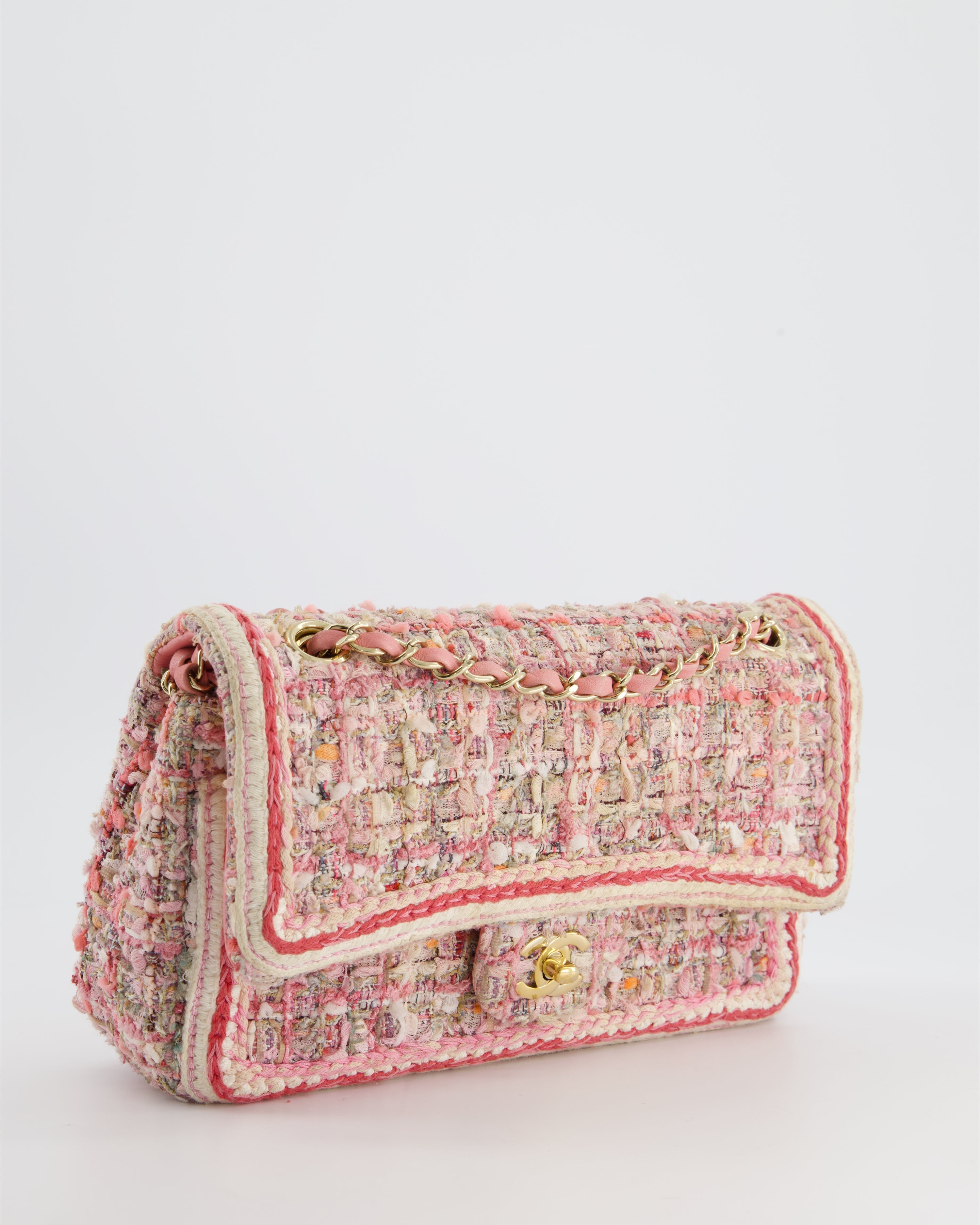 Chanel Medium Classic Double Flap Bag in Pink Tweed with Champagne Gold Hardware RRP £8,530