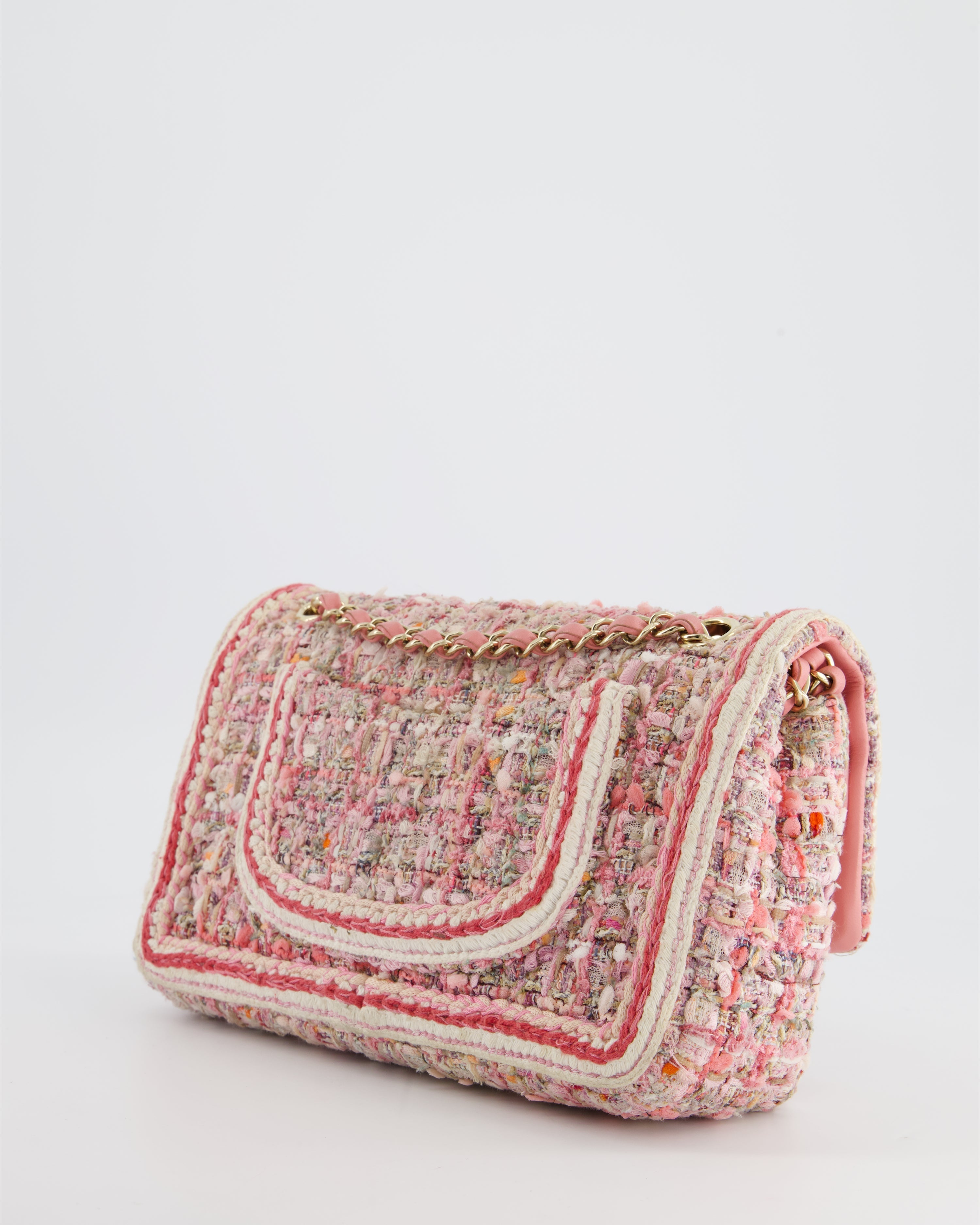 Chanel Medium Classic Double Flap Bag in Pink Tweed with Champagne Gold Hardware RRP £8,530
