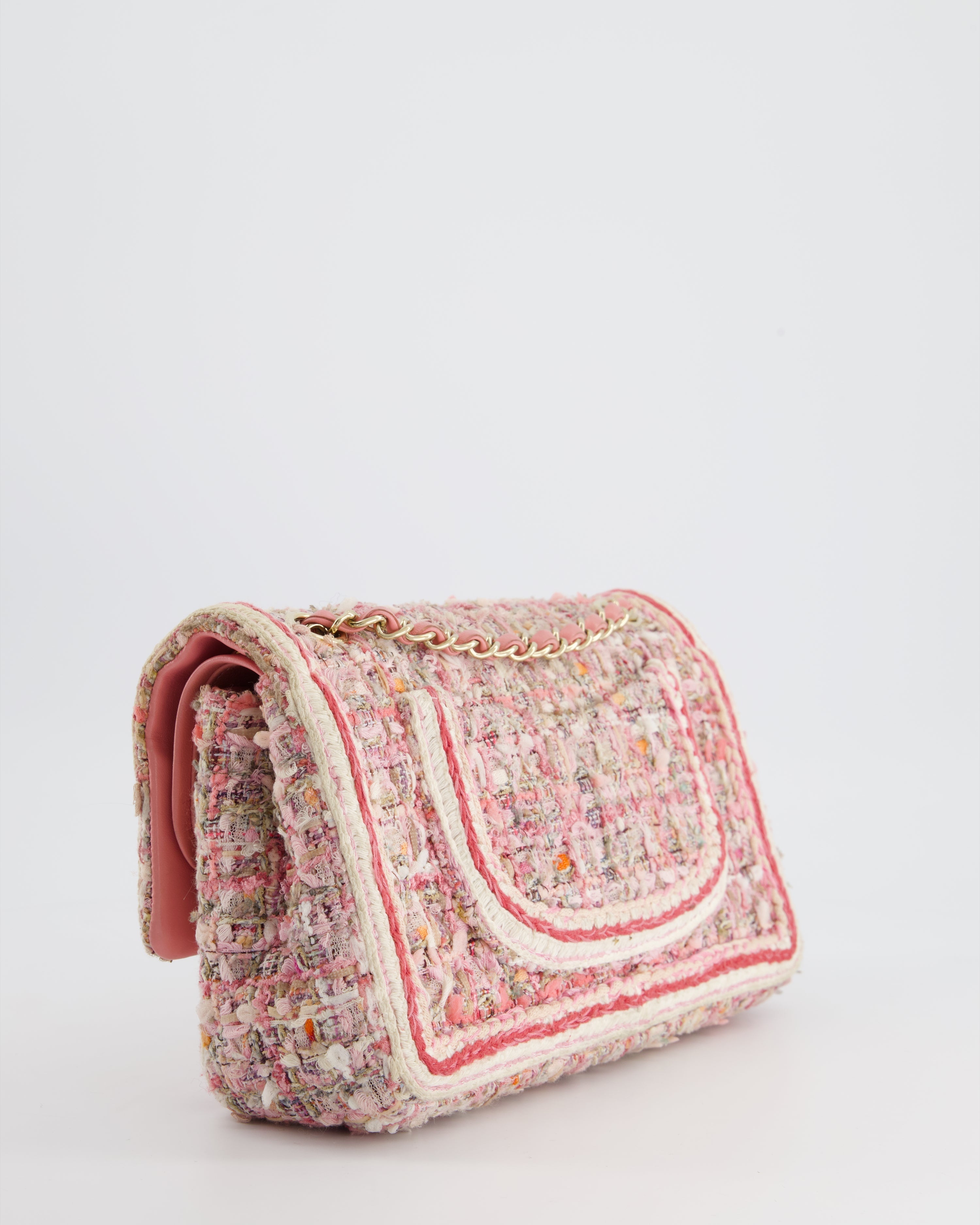 Chanel Medium Classic Double Flap Bag in Pink Tweed with Champagne Gold Hardware RRP £8,530