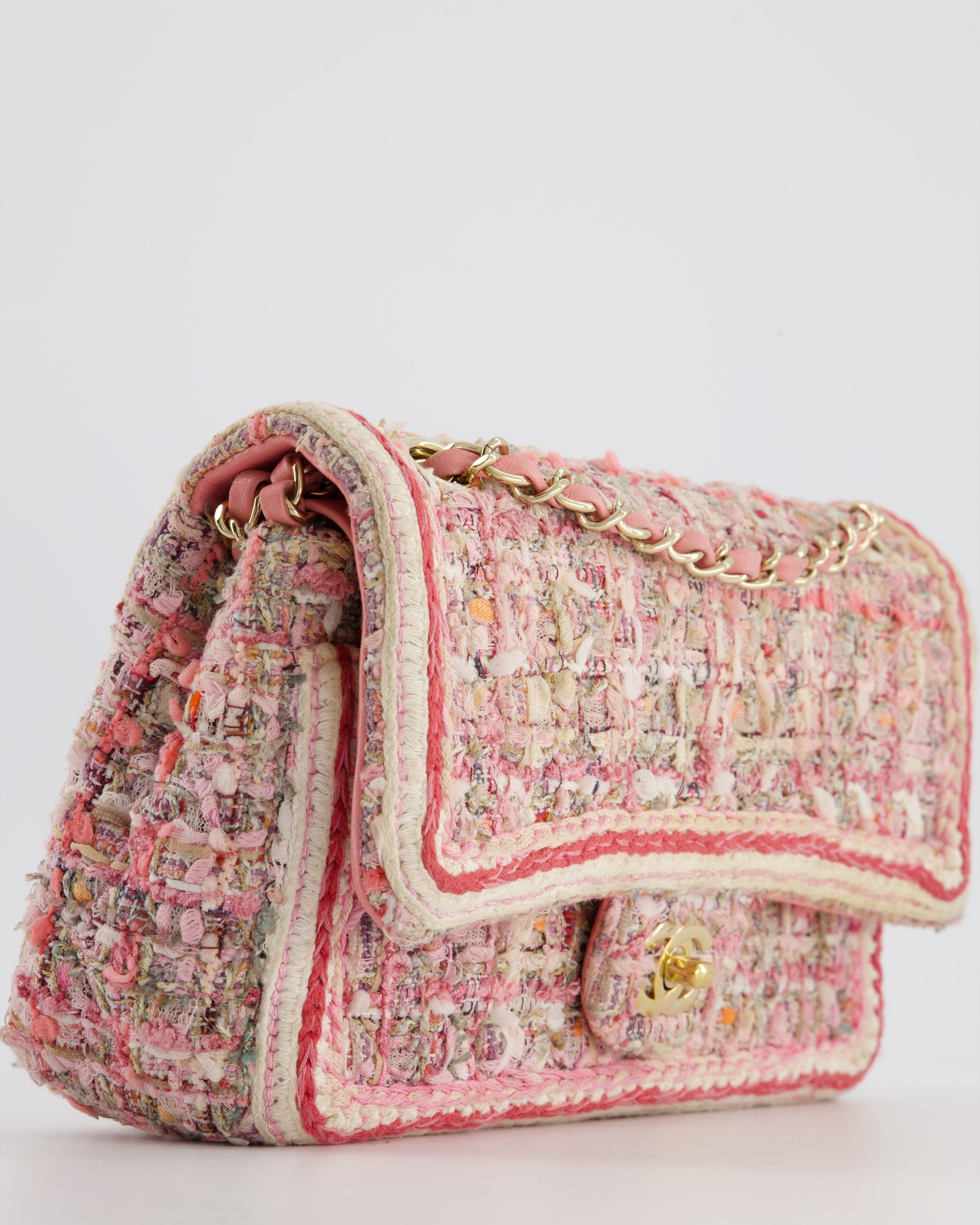 Chanel Medium Classic Double Flap Bag in Pink Tweed with Champagne Gold Hardware RRP £8,530