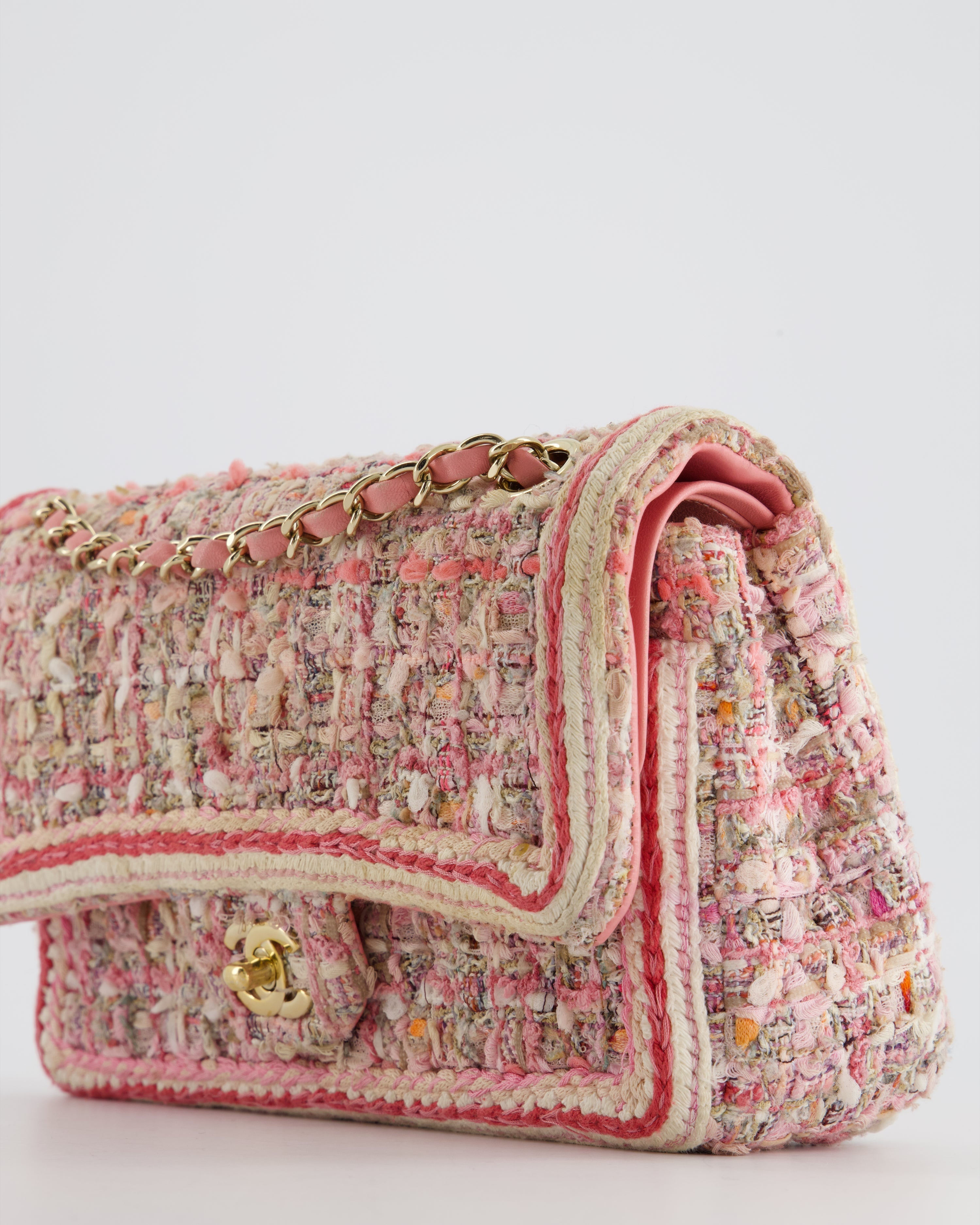 Chanel Medium Classic Double Flap Bag in Pink Tweed with Champagne Gold Hardware RRP £8,530