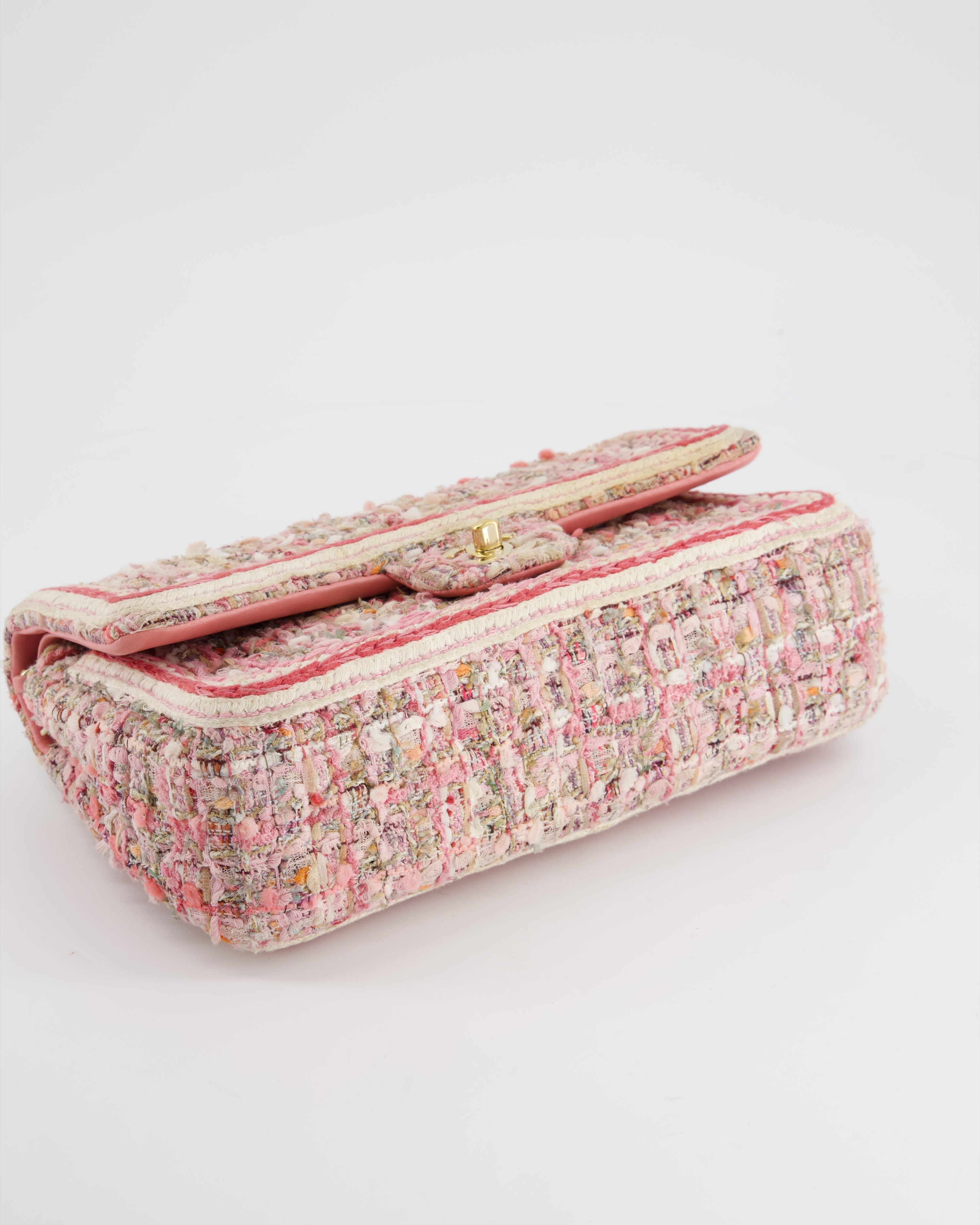 Chanel Medium Classic Double Flap Bag in Pink Tweed with Champagne Gold Hardware RRP £8,530