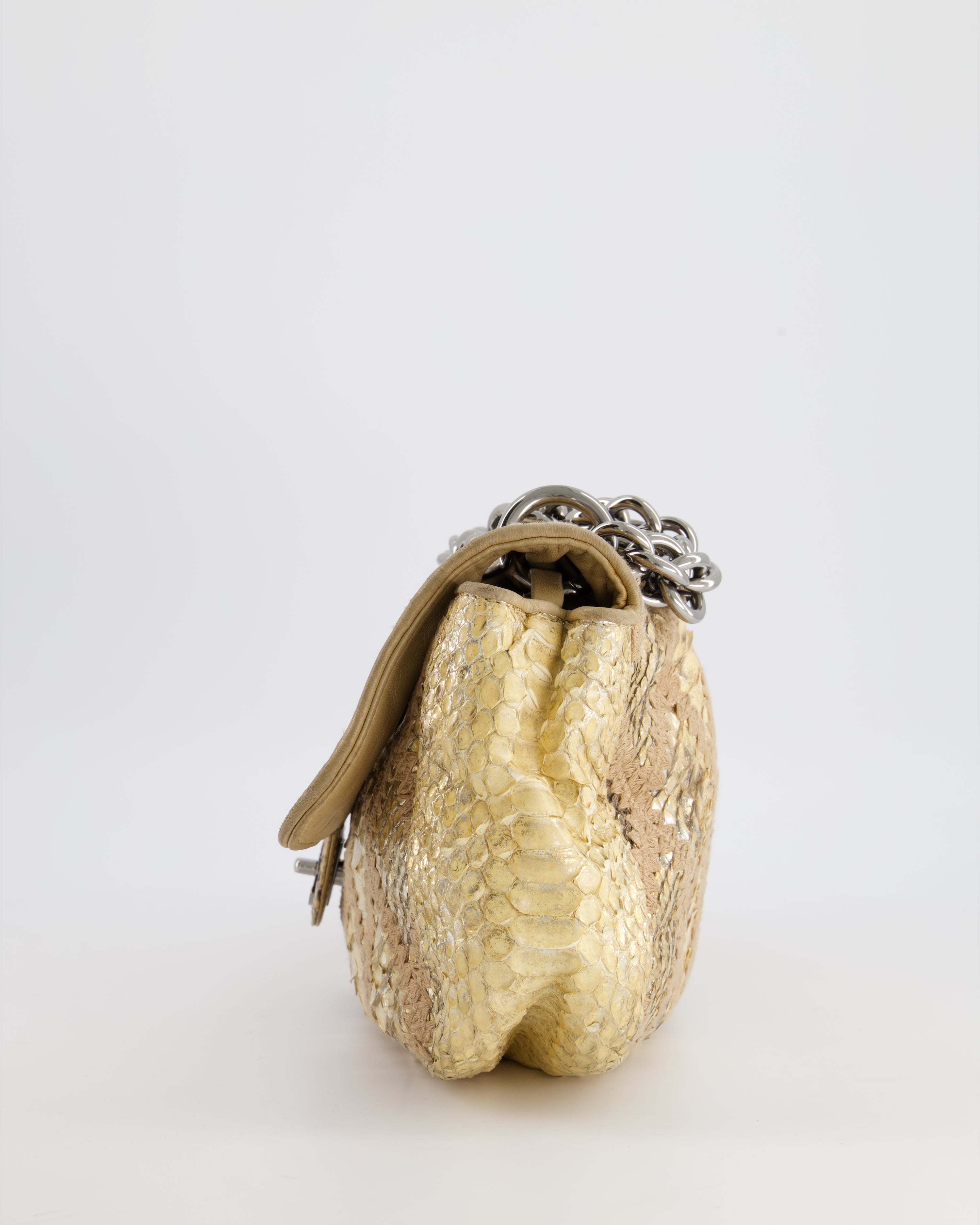 Chanel Beige and Gold Python and Crochet Flap Shoulder Bag with Ruthenium Hardware and Large Chain Strap