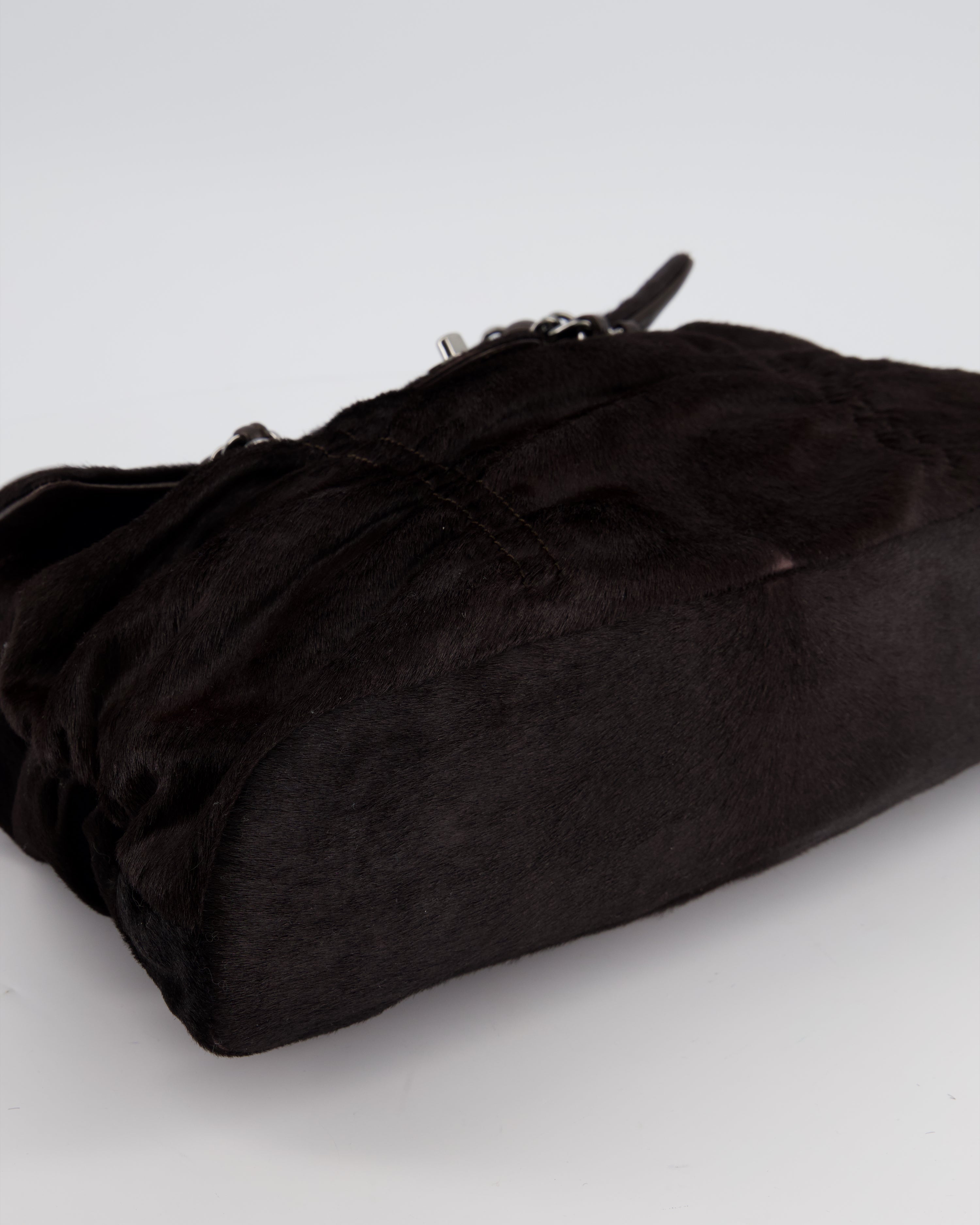 Chanel Dark Brown Pony Hair Ruched Bag with Silver Hardware