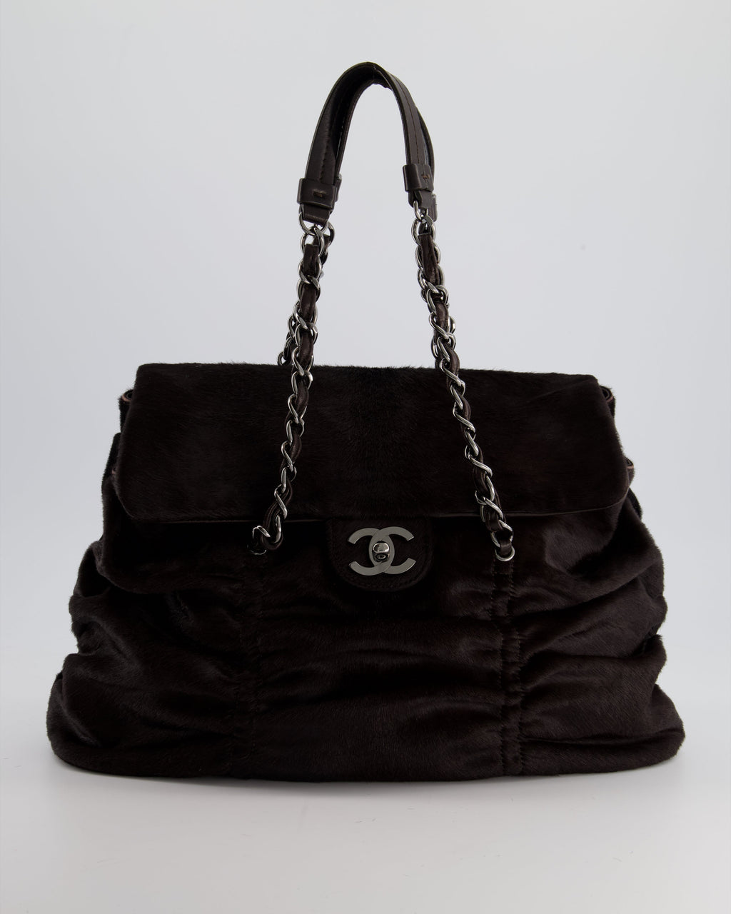 Chanel Dark Brown Pony Hair Ruched Bag with Silver Hardware