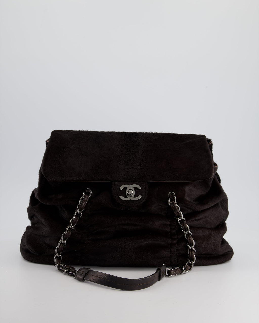 Chanel Dark Brown Pony Hair Ruched Bag with Silver Hardware