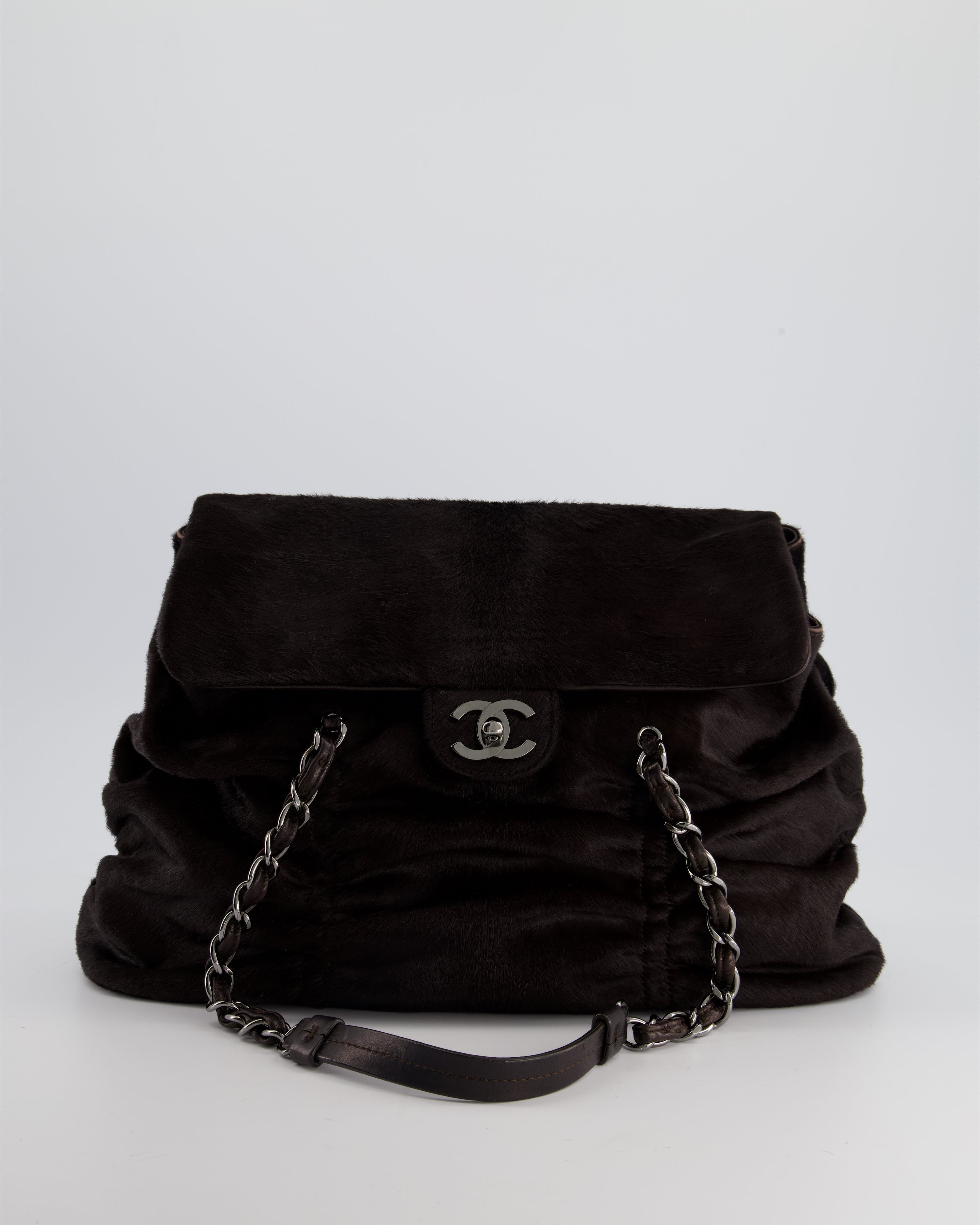 Chanel Dark Brown Pony Hair Ruched Bag with Silver Hardware