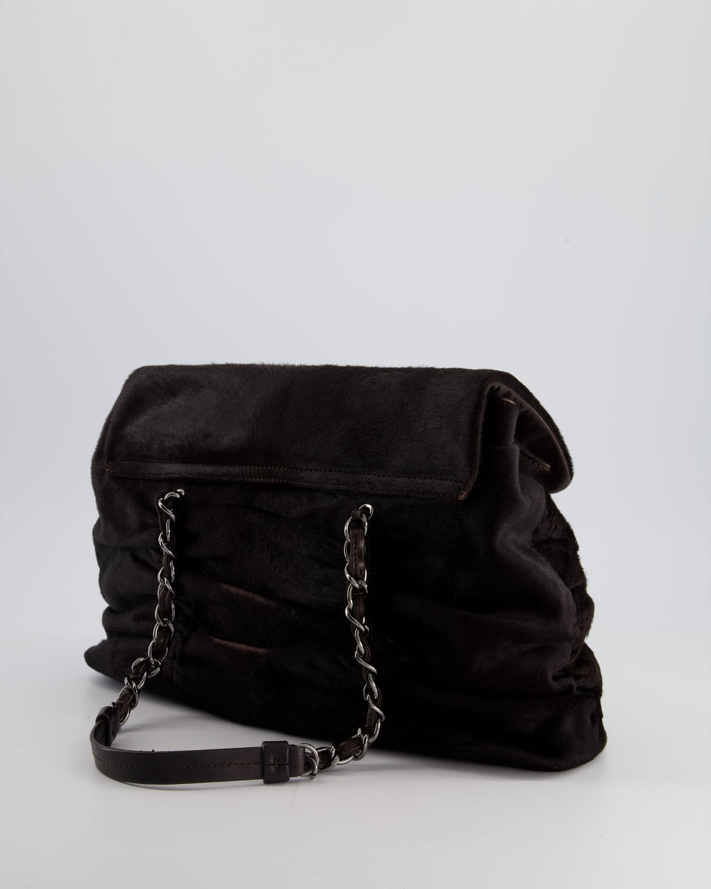 Chanel Dark Brown Pony Hair Ruched Bag with Silver Hardware
