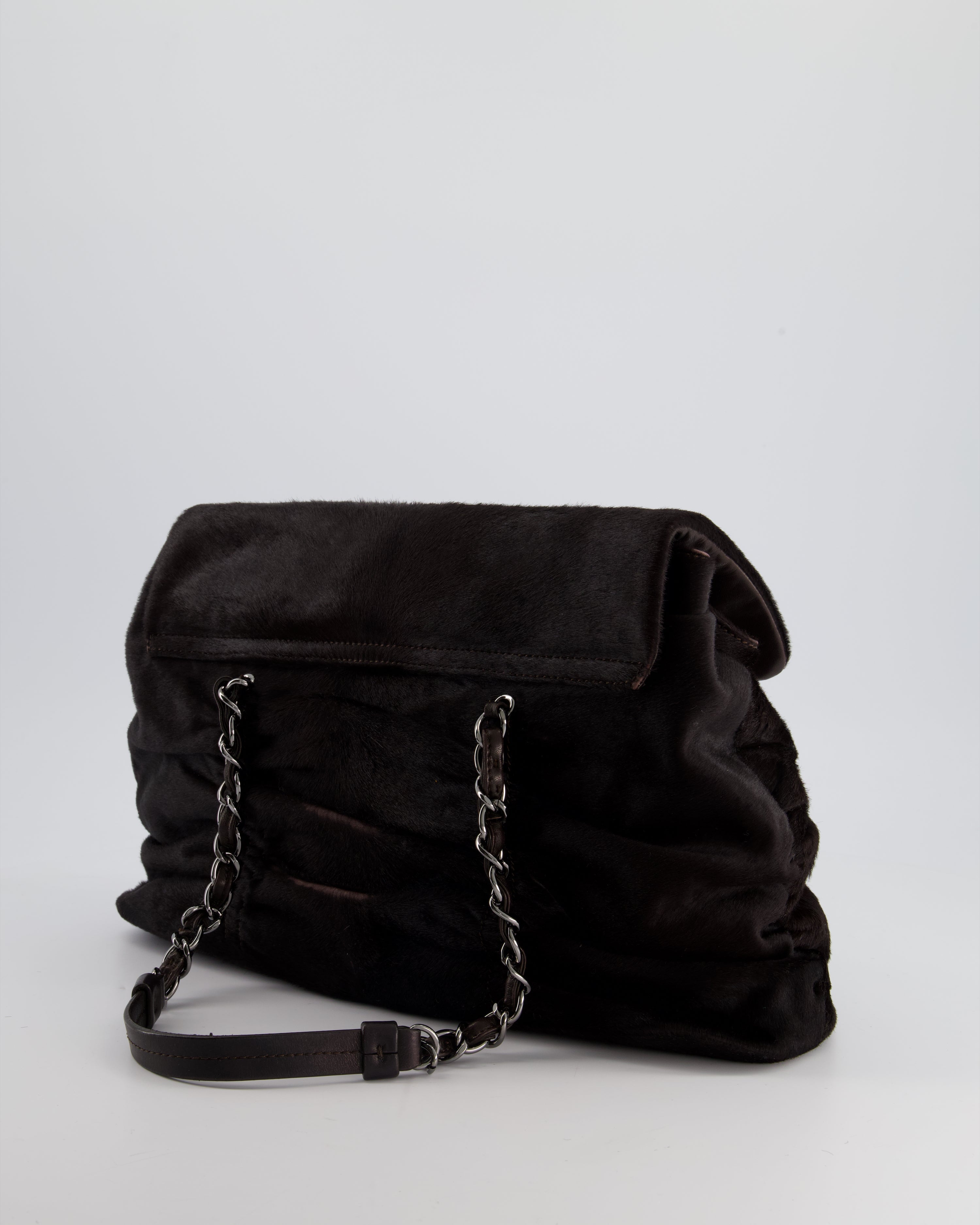 Chanel Dark Brown Pony Hair Ruched Bag with Silver Hardware