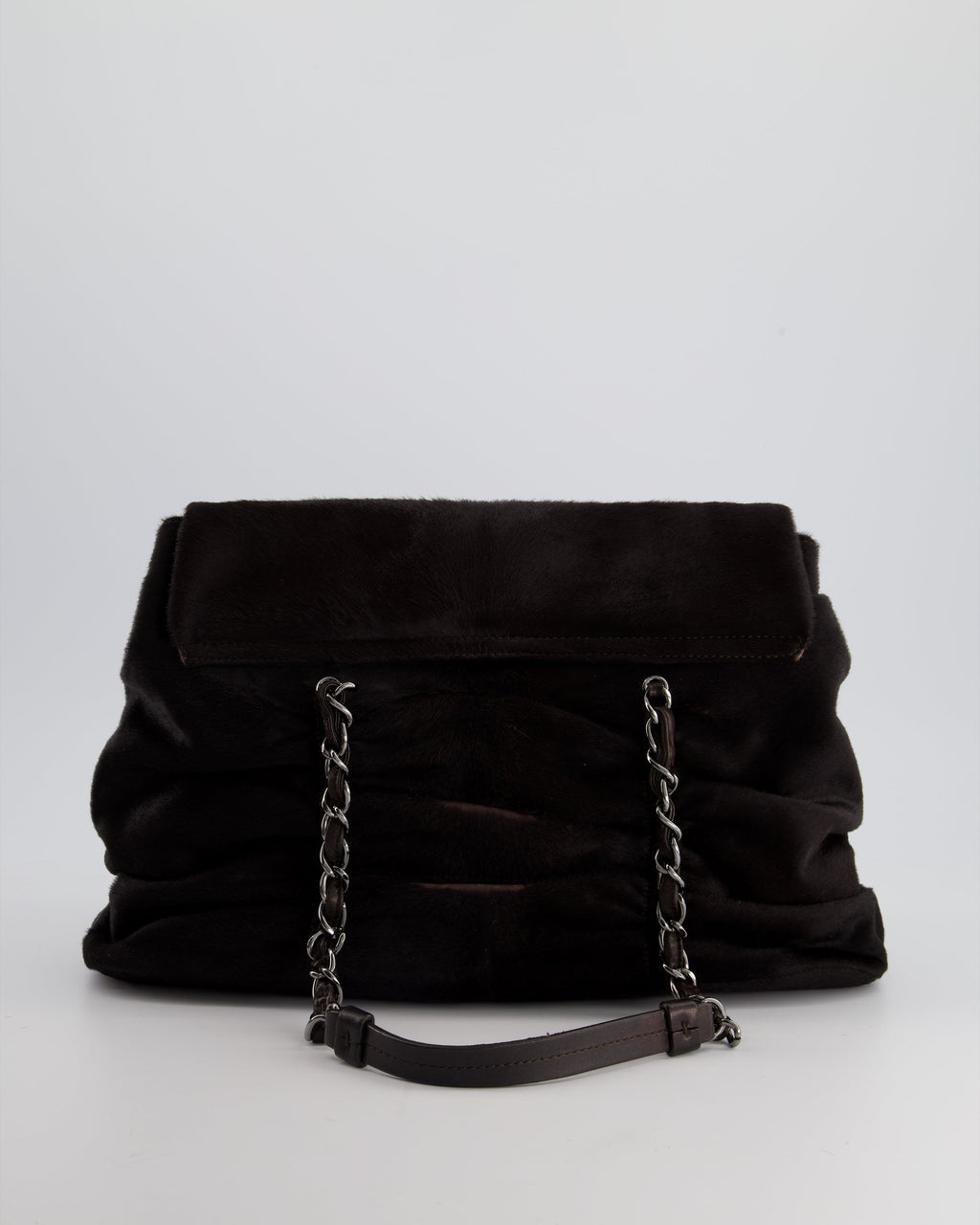 Chanel Dark Brown Pony Hair Ruched Bag with Silver Hardware