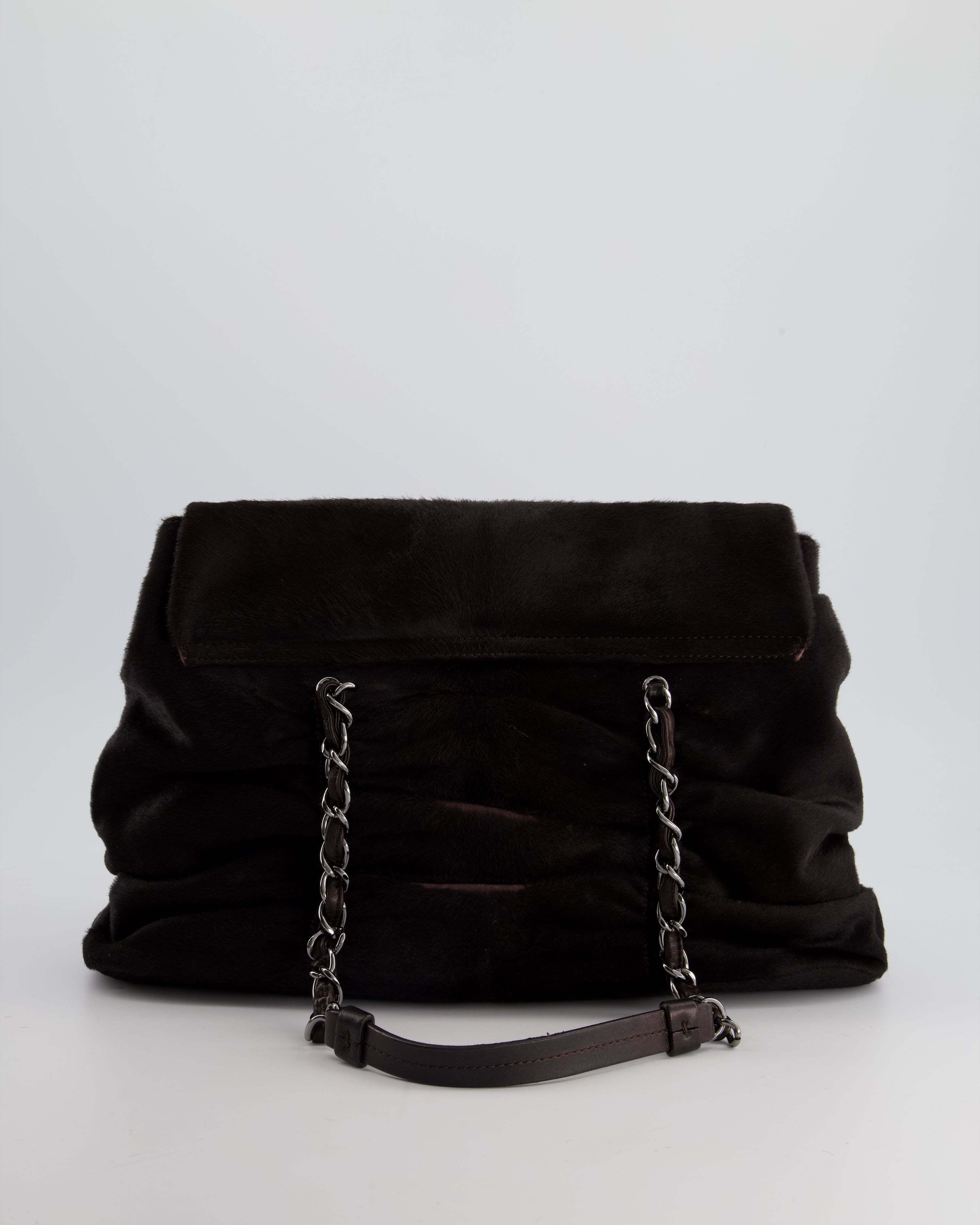Chanel Dark Brown Pony Hair Ruched Bag with Silver Hardware