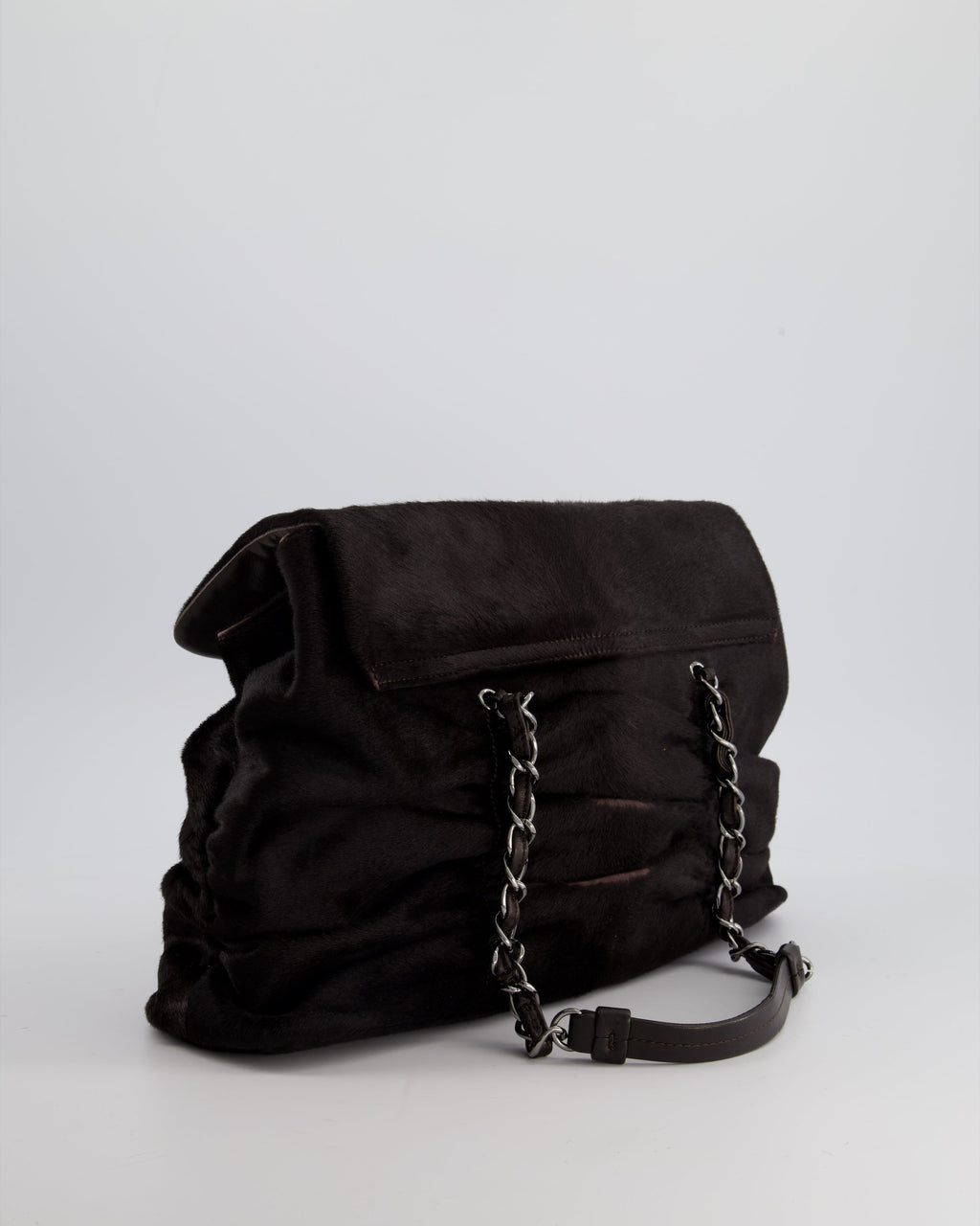 Chanel Dark Brown Pony Hair Ruched Bag with Silver Hardware
