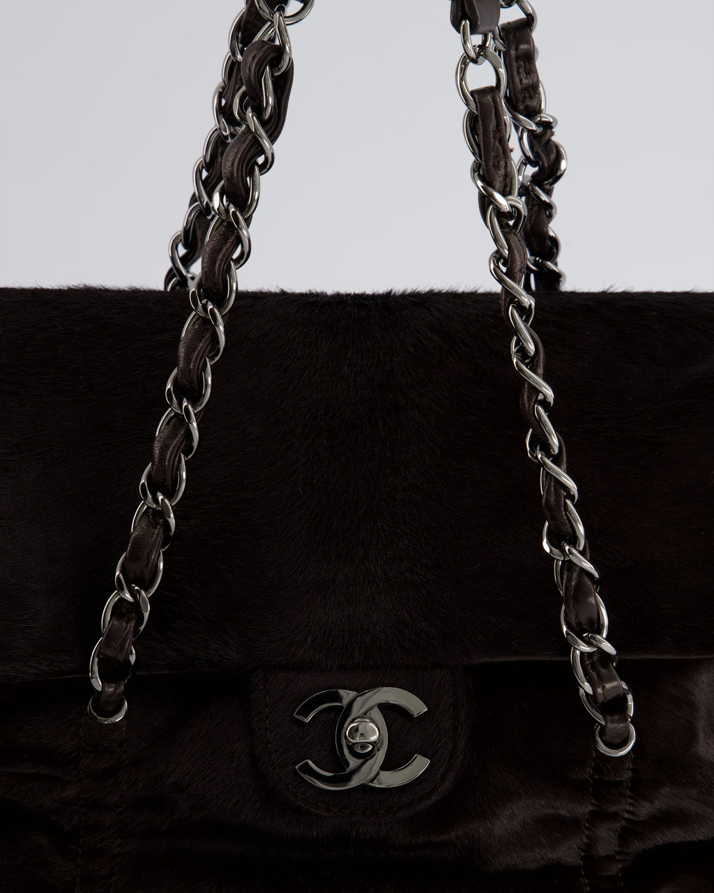 Chanel Dark Brown Pony Hair Ruched Bag with Silver Hardware