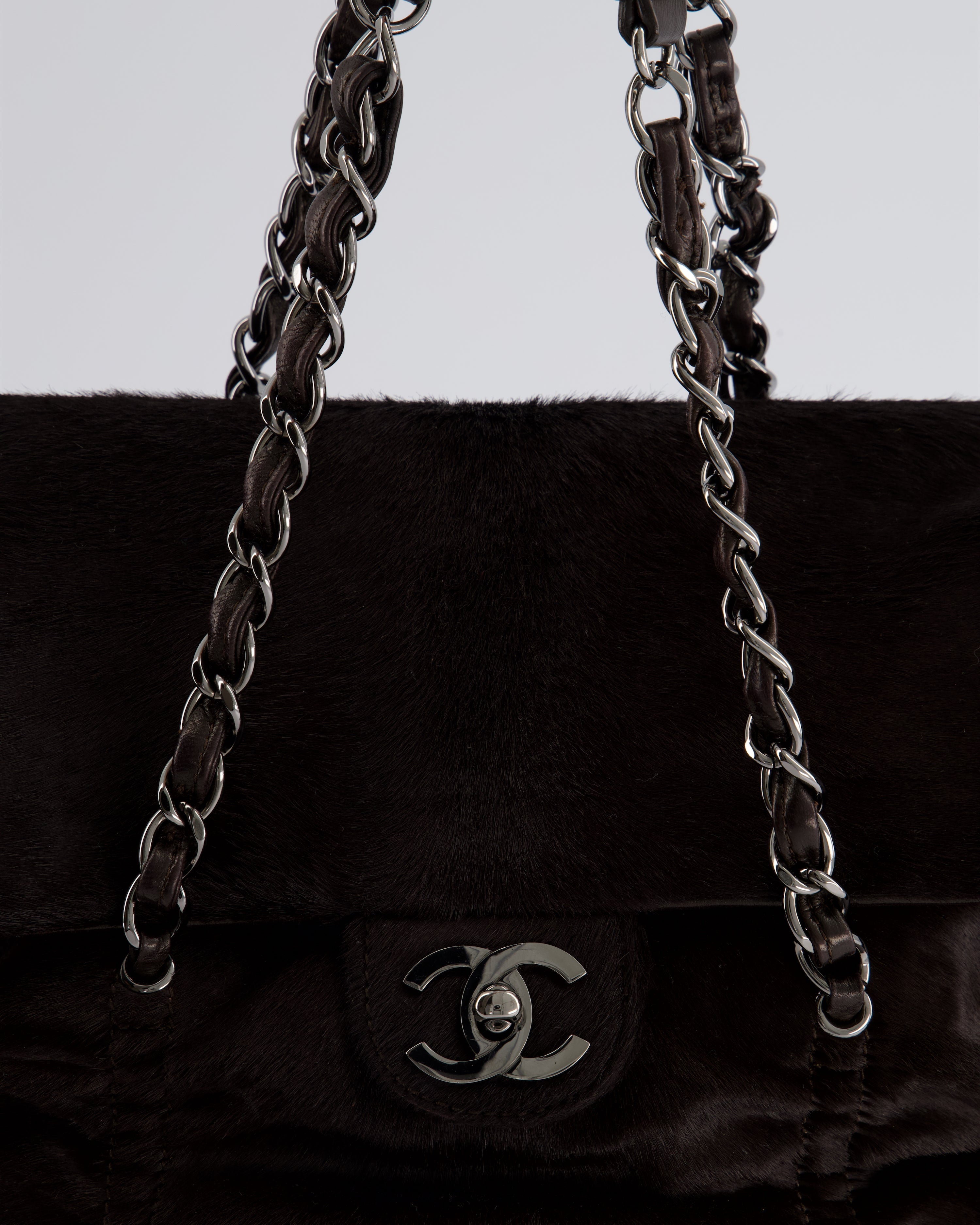 Chanel Dark Brown Pony Hair Ruched Bag with Silver Hardware