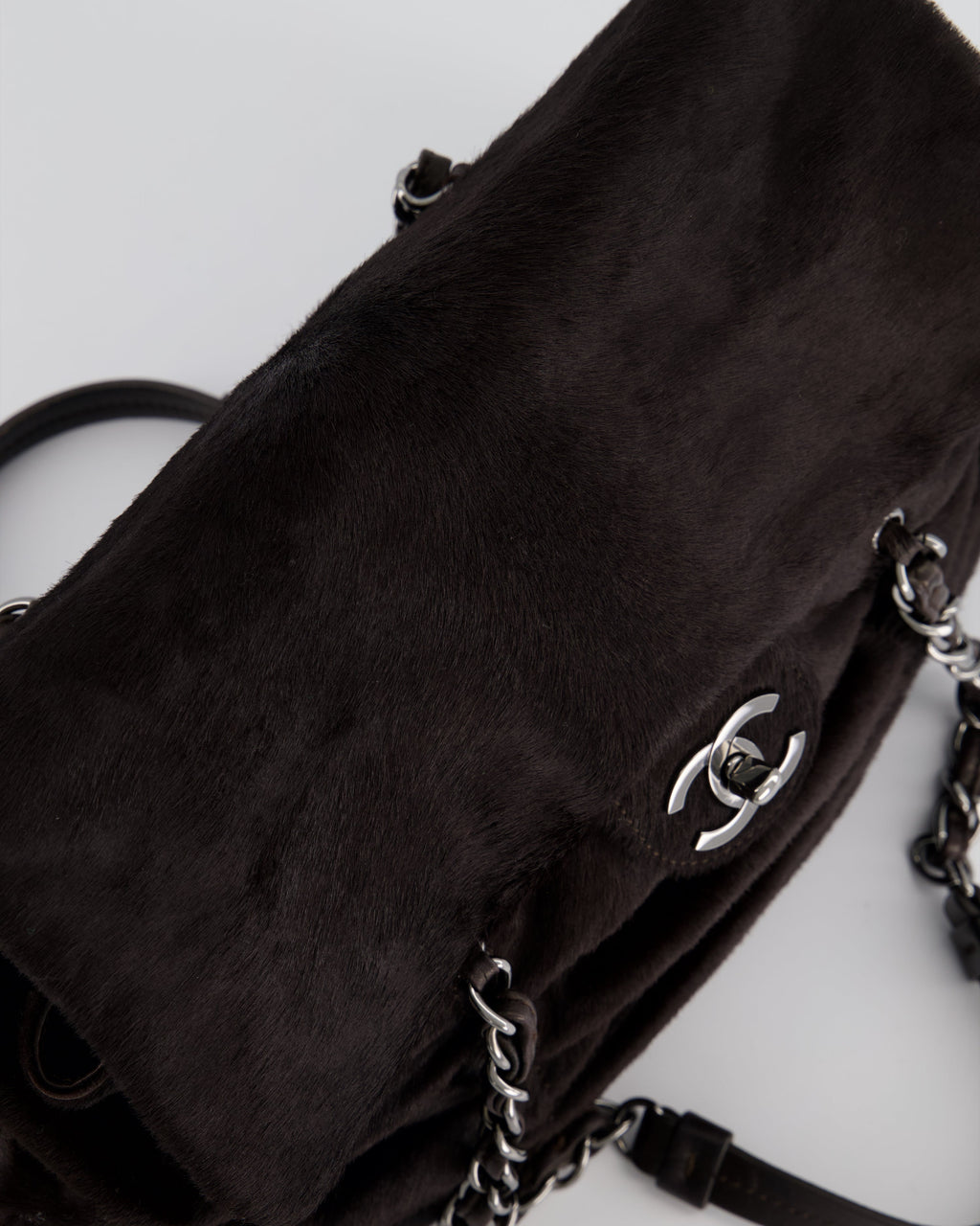 Chanel Dark Brown Pony Hair Ruched Bag with Silver Hardware