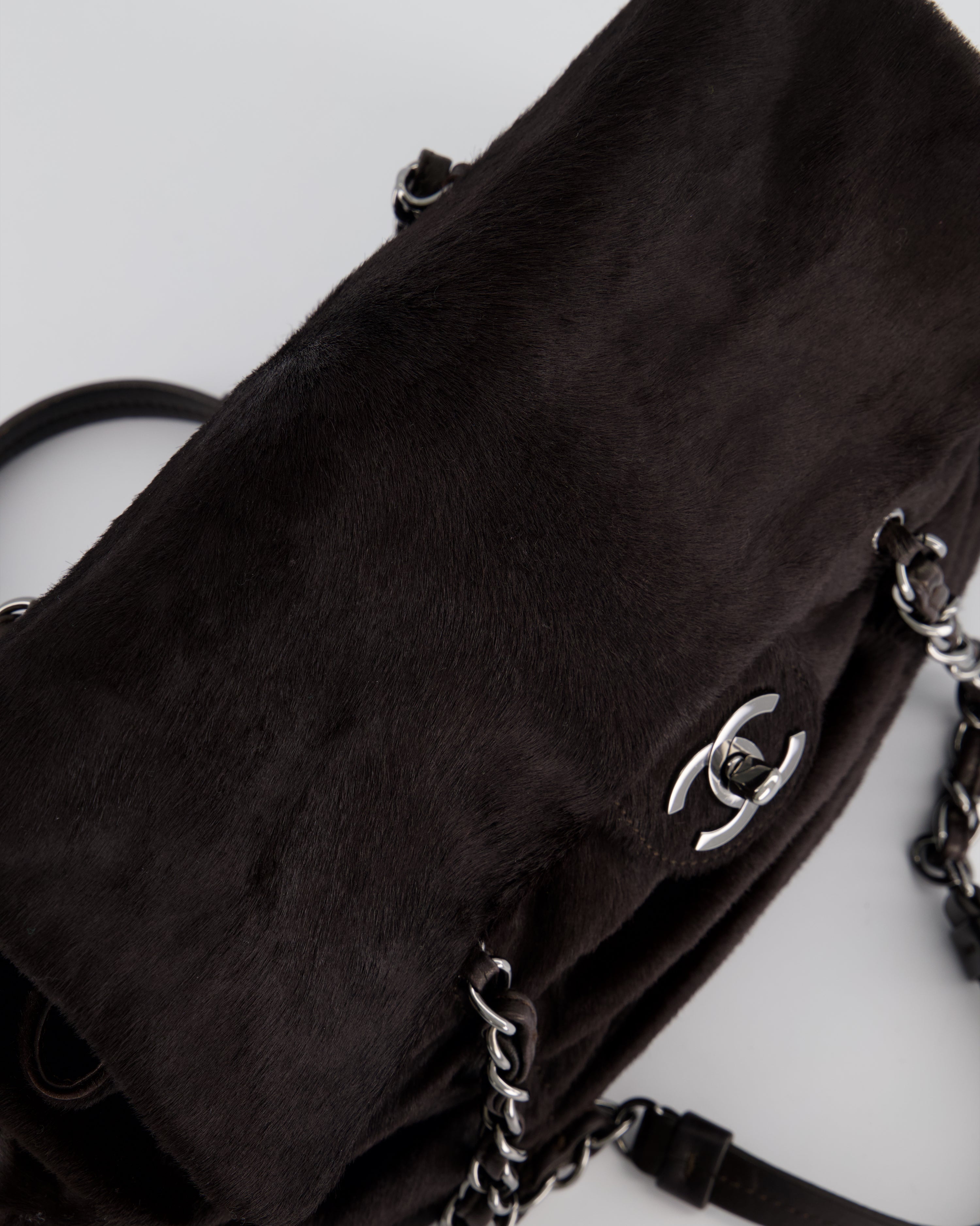 Chanel Dark Brown Pony Hair Ruched Bag with Silver Hardware