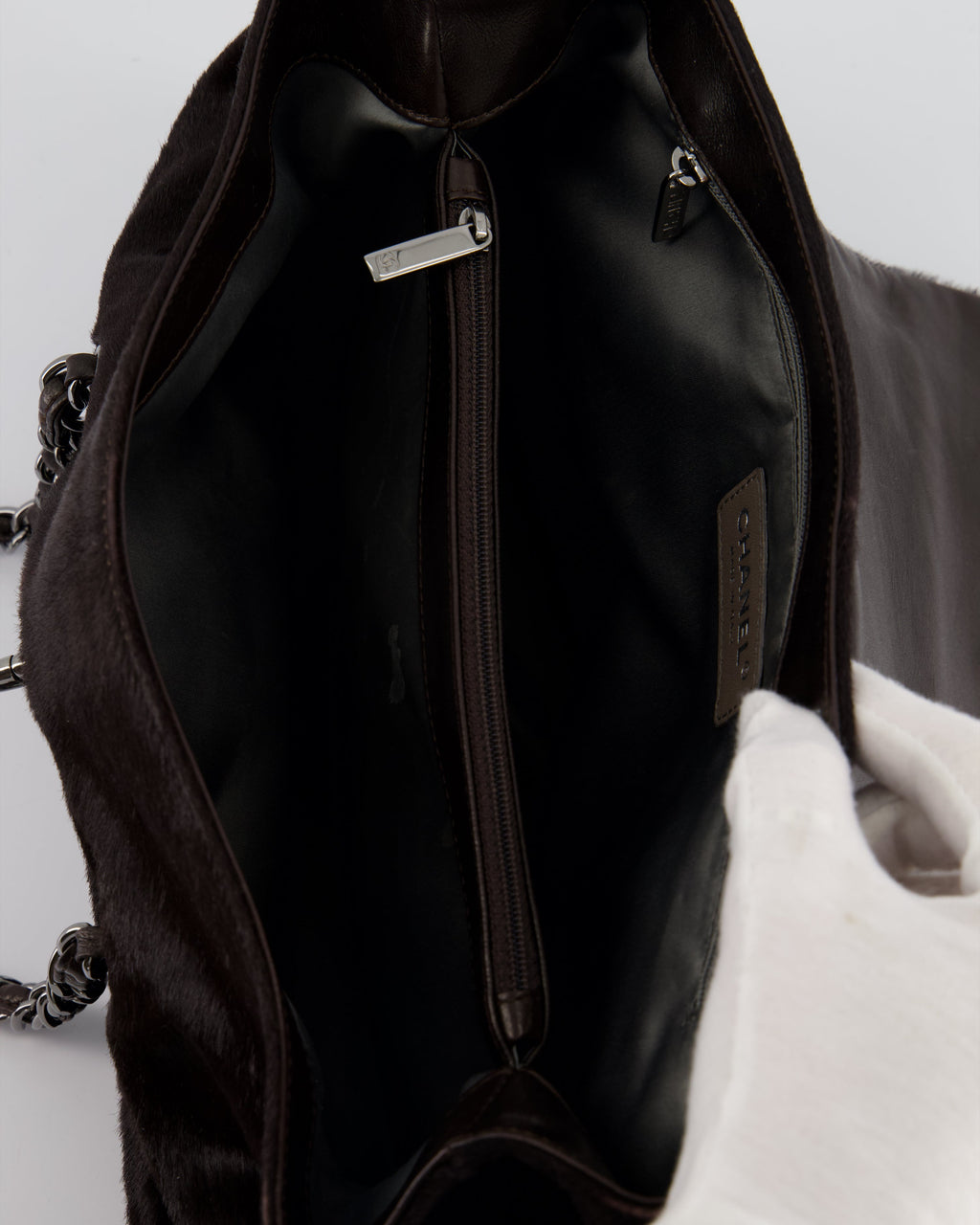 Chanel Dark Brown Pony Hair Ruched Bag with Silver Hardware