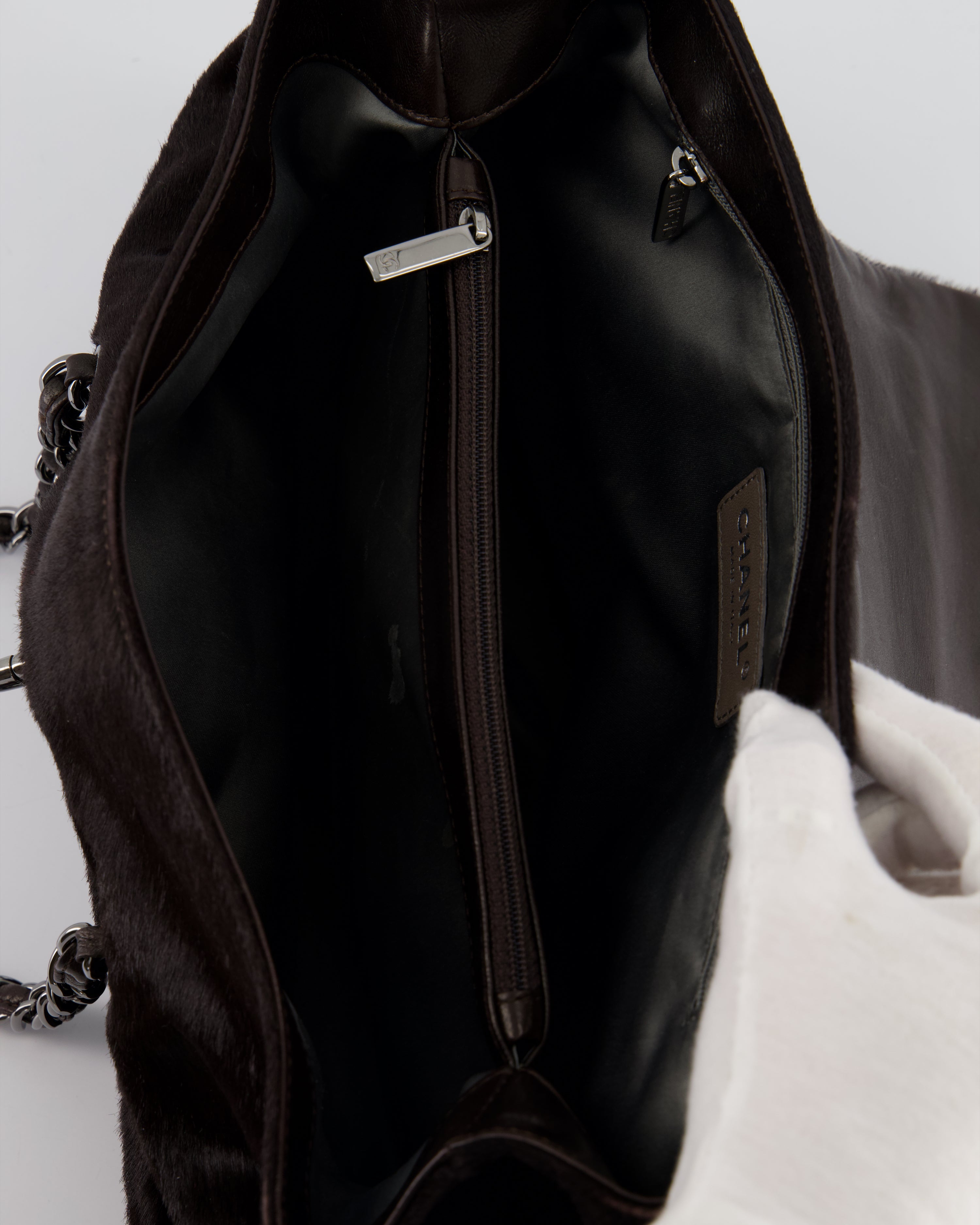 Chanel Dark Brown Pony Hair Ruched Bag with Silver Hardware
